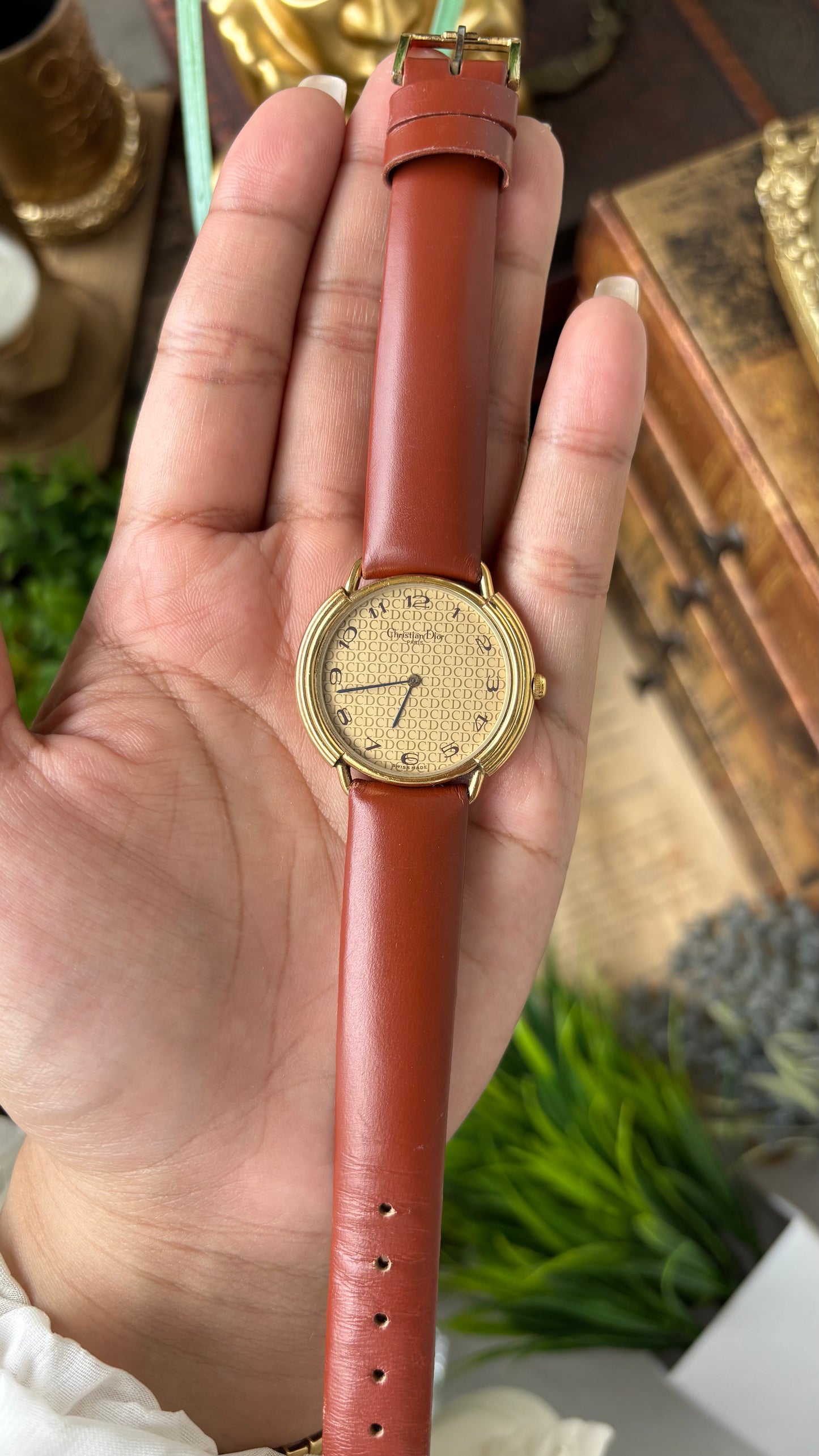 Rare Vintage Christian Dior Paris Monogram Dial Watch in Gold Tone Honey Brown Leather Swiss Quartz #00603