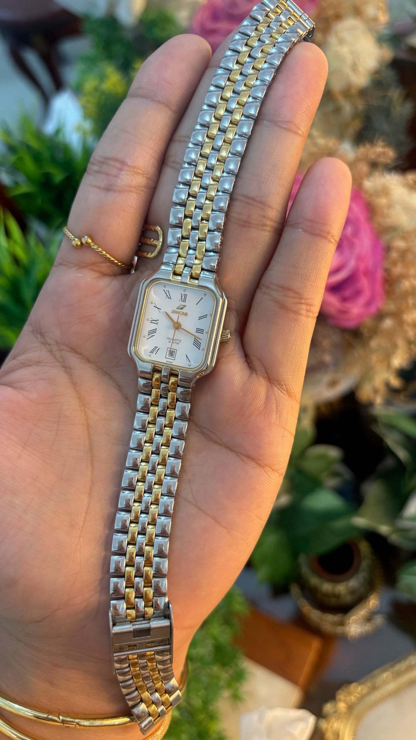 Rare Vintage Enicar Date Window Tank Watch in Two-Tone Quartz