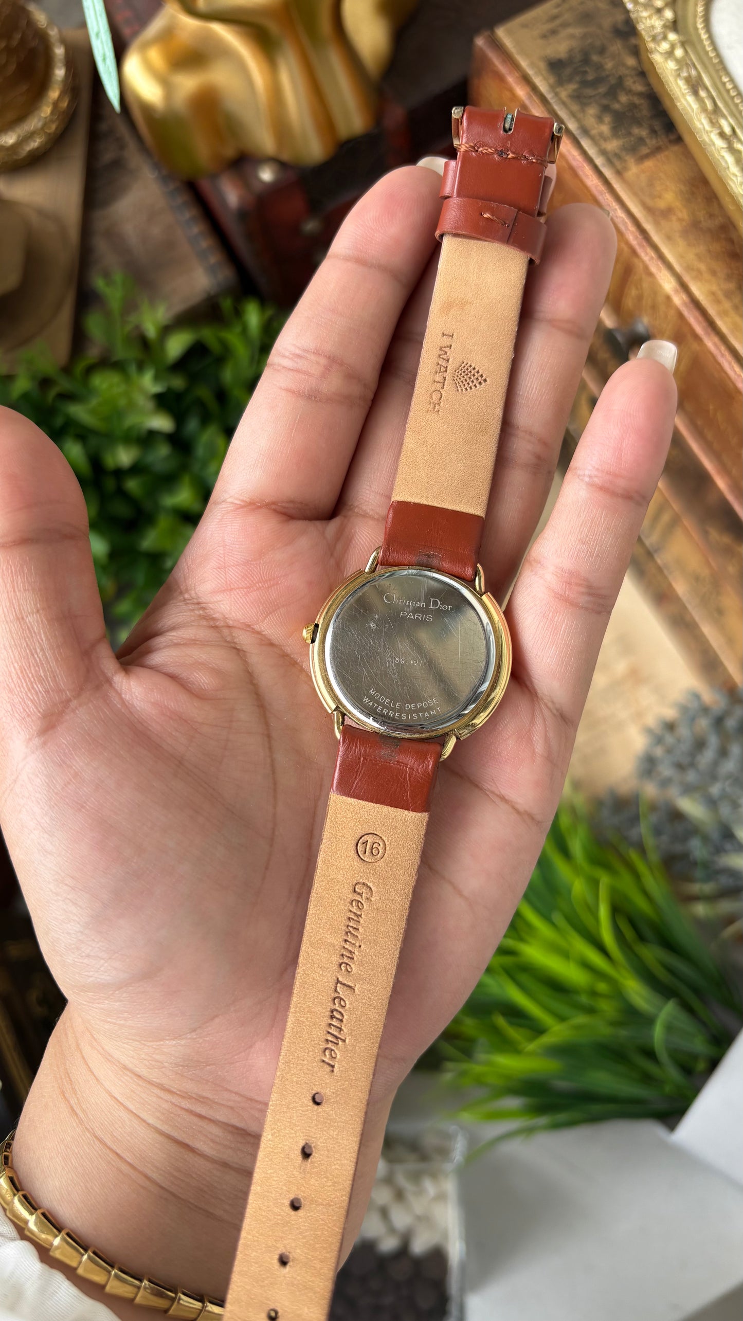 Rare Vintage Christian Dior Paris Monogram Dial Watch in Gold Tone Honey Brown Leather Swiss Quartz #00603