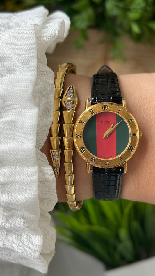 Vintage Gucci Swiss 3200L Engraved Bezel Indices Watch in Gold Tone Black Leather Cherry Line Dial Quartz #00609