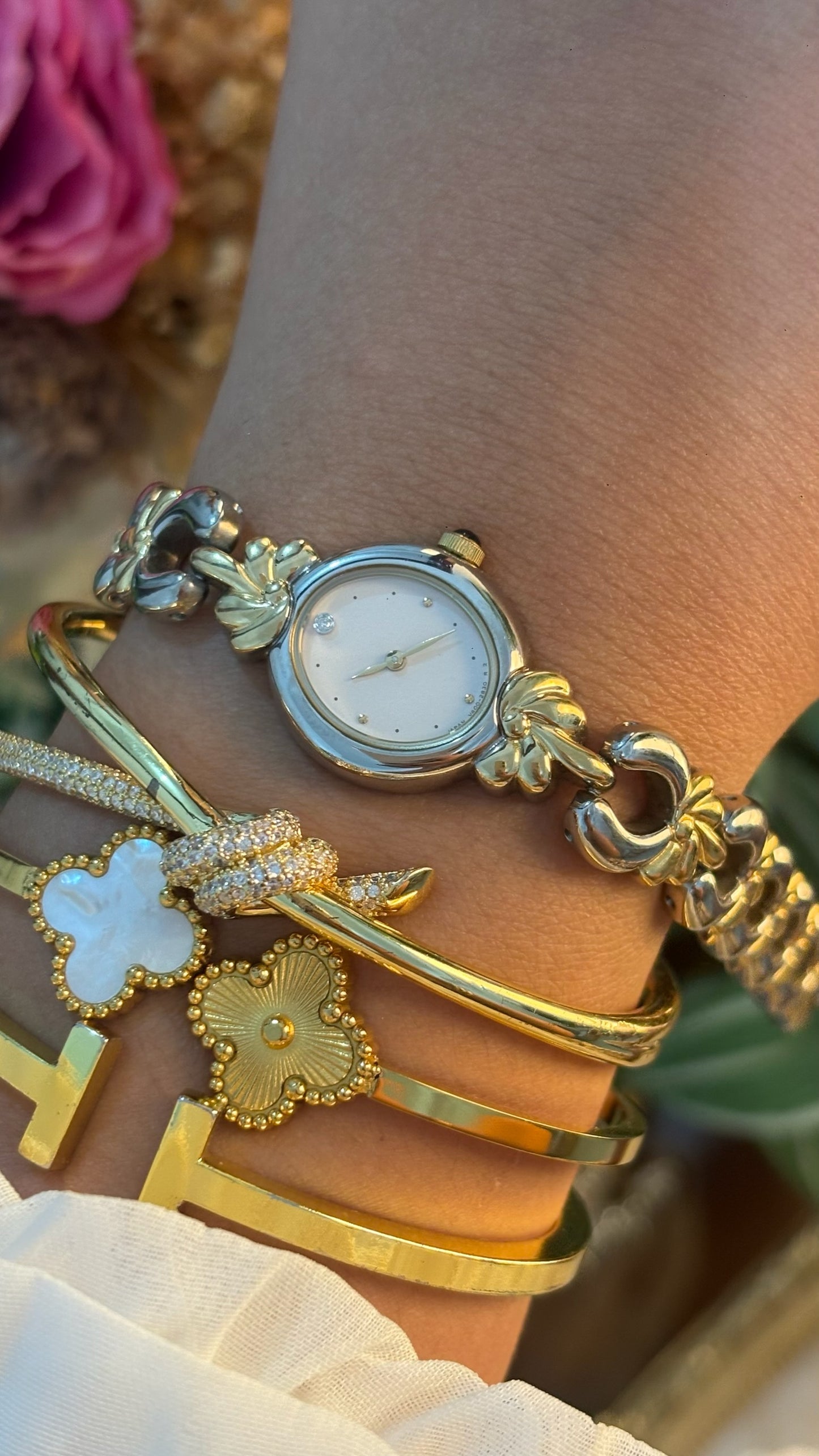 Rare Dainty Vintage Noevir by Citizen Oval Dial Leaf Motif Bracelet Watch in Two-Tone Quartz