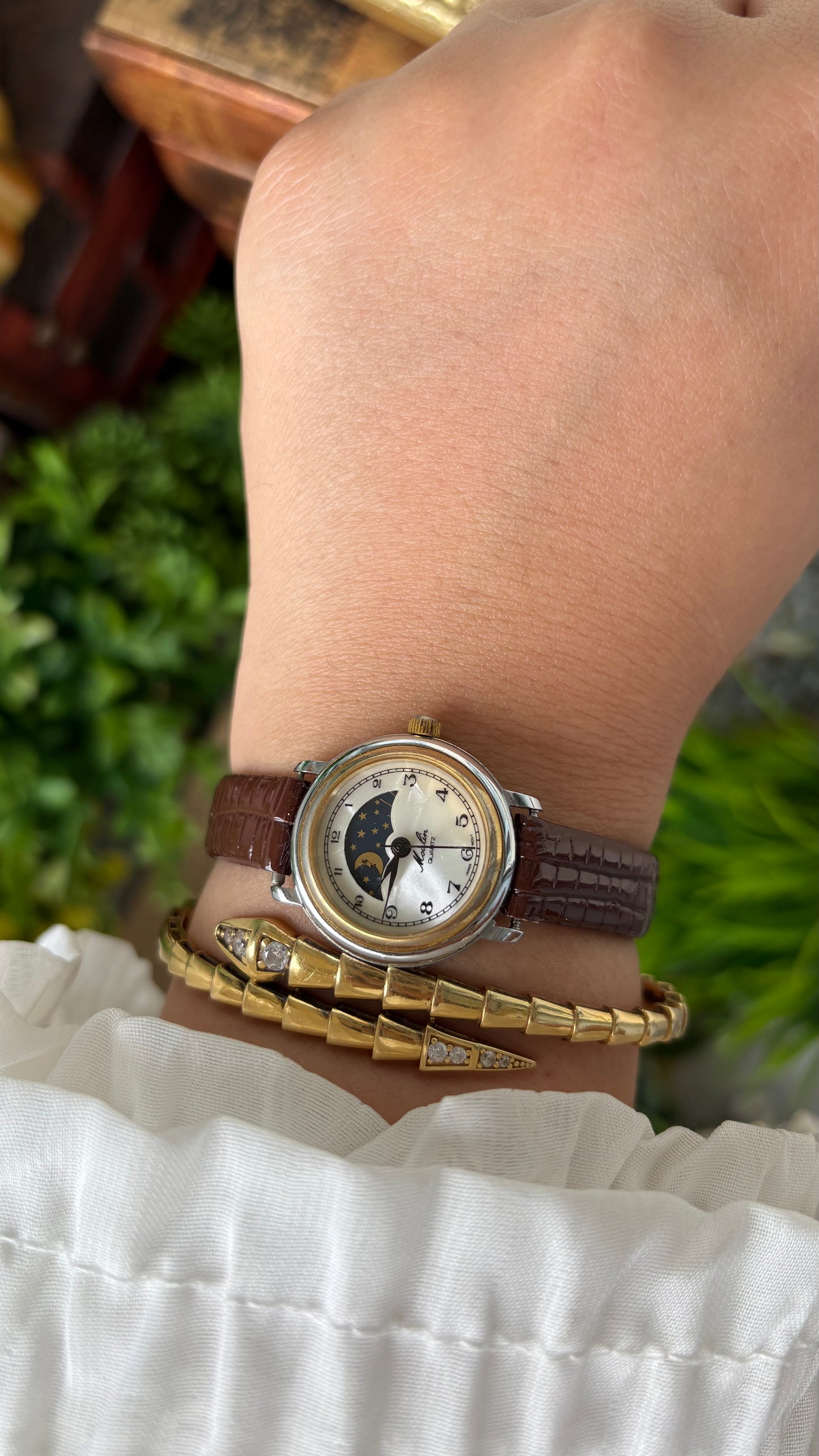 Rare Vintage Moulin Moon Phase Watch in Two-Tone Brown Leather Mother of Pearl Dial Quartz #00608