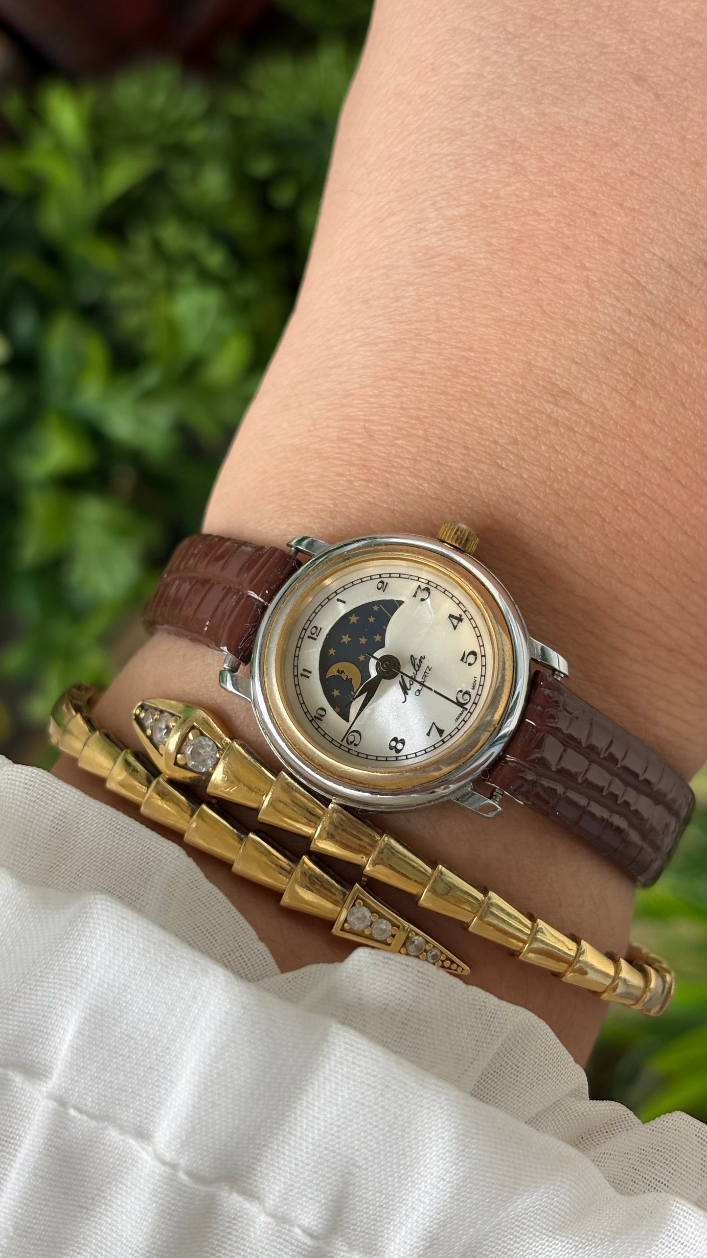 Rare Vintage Moulin Moon Phase Watch in Two-Tone Brown Leather Mother of Pearl Dial Quartz #00608