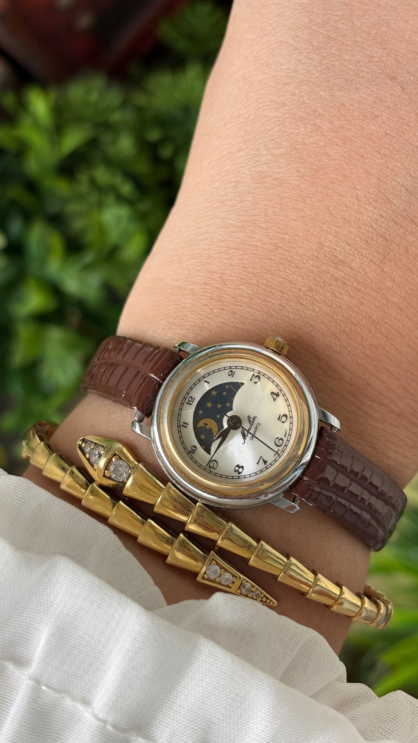 Rare Vintage Moulin Moon Phase Watch in Two-Tone Brown Leather Mother of Pearl Dial Quartz #00608