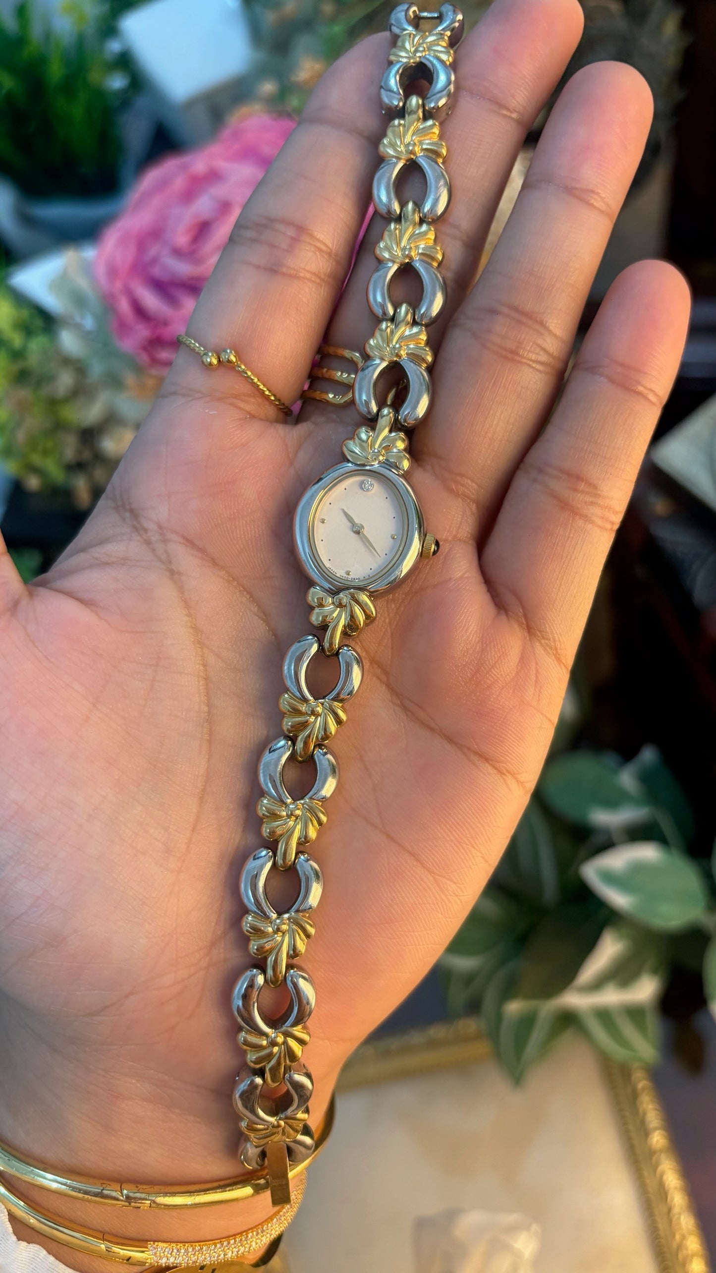 Rare Dainty Vintage Noevir by Citizen Oval Dial Leaf Motif Bracelet Watch in Two-Tone Quartz