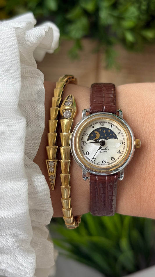Rare Vintage Moulin Moon Phase Watch in Two-Tone Brown Leather Mother of Pearl Dial Quartz #00608