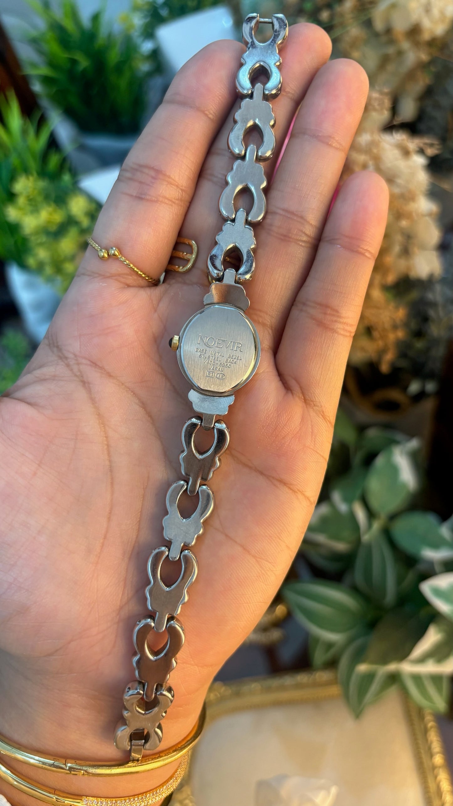 Rare Dainty Vintage Noevir by Citizen Oval Dial Leaf Motif Bracelet Watch in Two-Tone Quartz