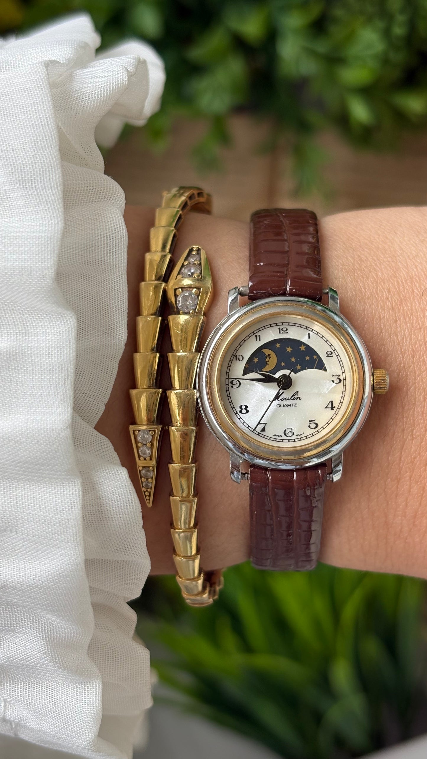 Rare Vintage Moulin Moon Phase Watch in Two-Tone Brown Leather Mother of Pearl Dial Quartz #00608