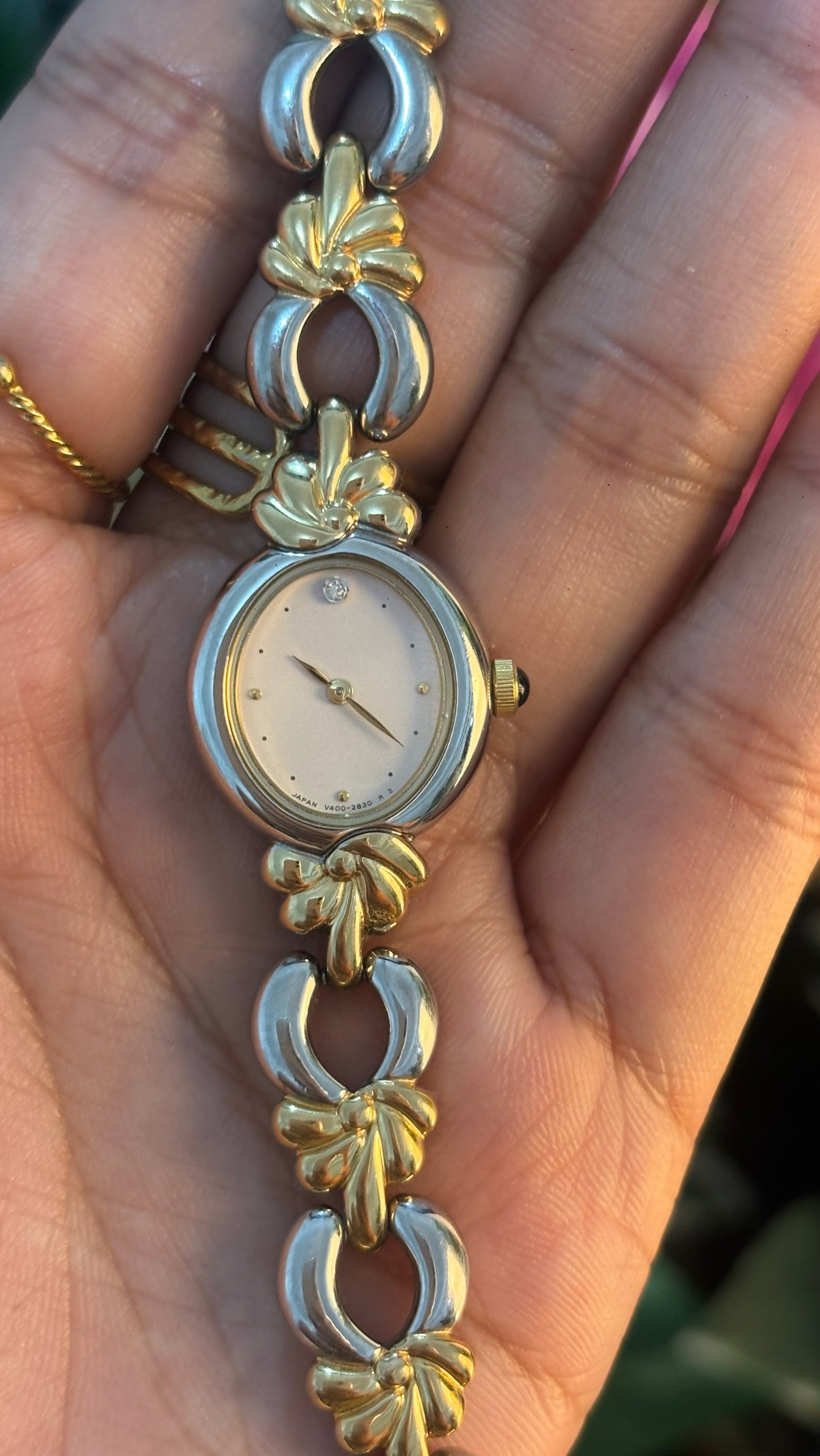 Rare Dainty Vintage Noevir by Citizen Oval Dial Leaf Motif Bracelet Watch in Two-Tone Quartz