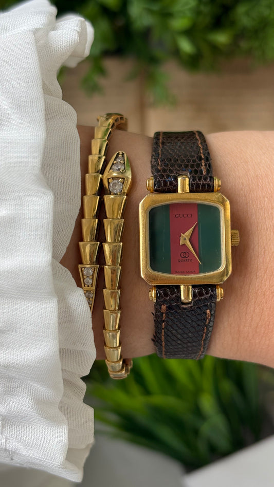 Rare Dainty Vintage Gucci Swiss Mini Tank Watch in Gold Tone Black Leather Cherry Line Dial Quartz #00614