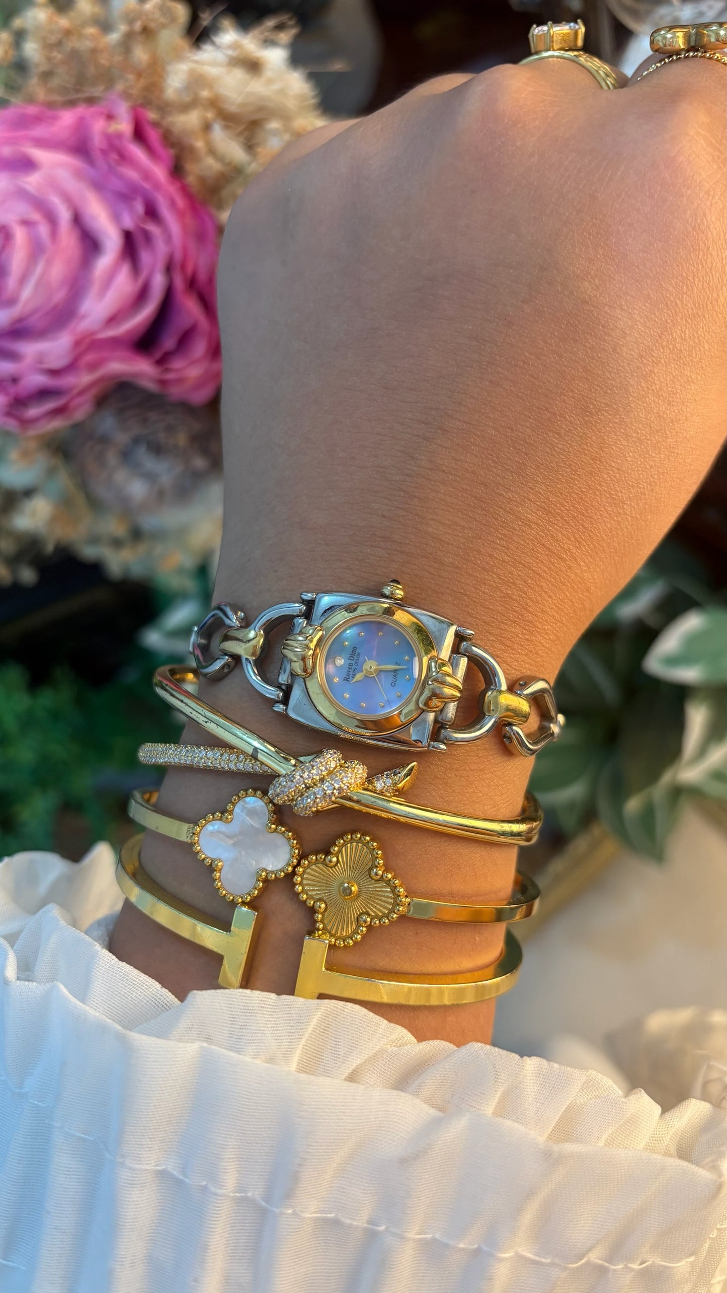 Rare Dainty Elegant Vintage Roven Dino Iridescent Mother of Pearl Dial Bracelet Watch in Two-Tone Quartz