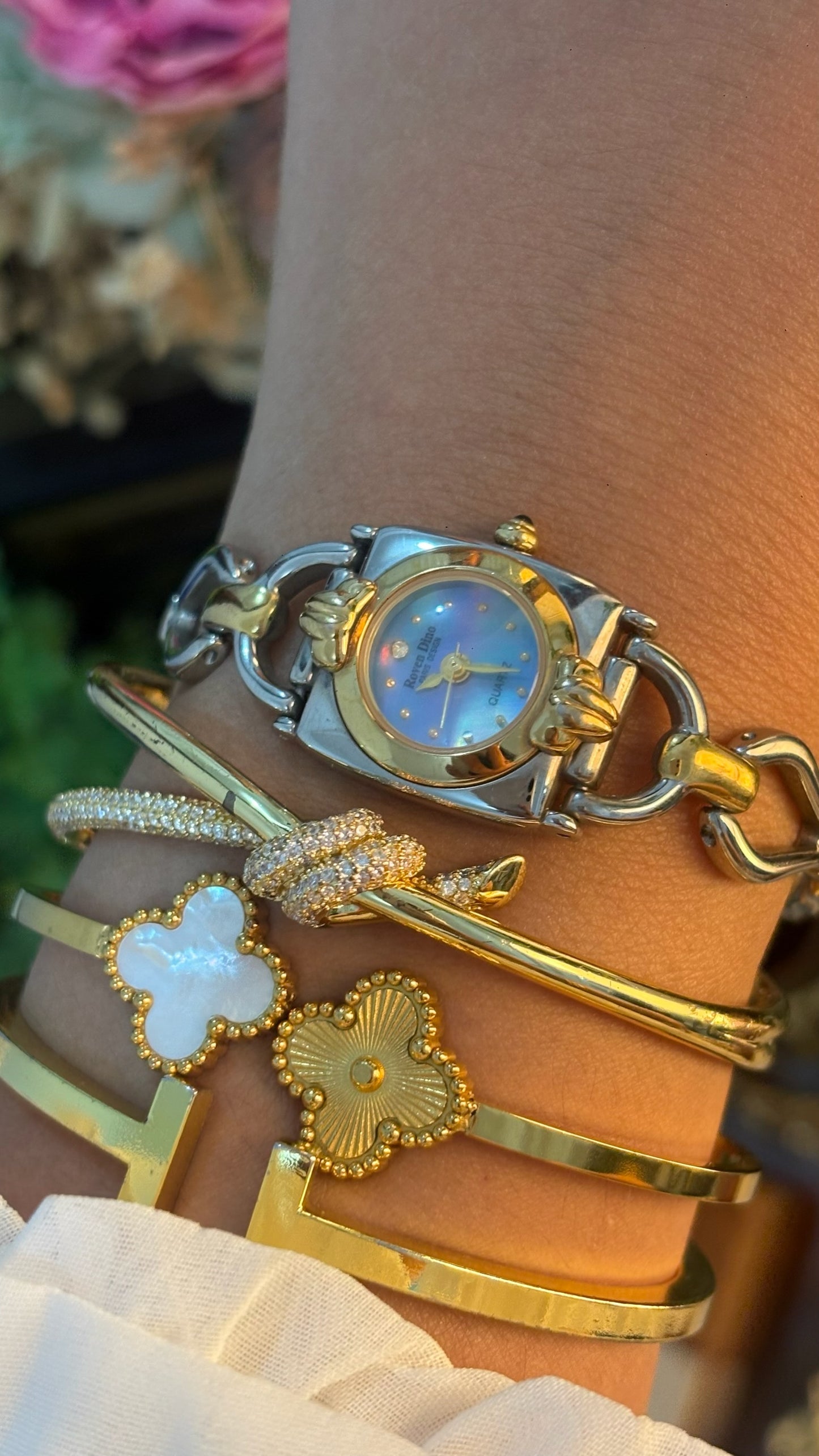 Rare Dainty Elegant Vintage Roven Dino Iridescent Mother of Pearl Dial Bracelet Watch in Two-Tone Quartz