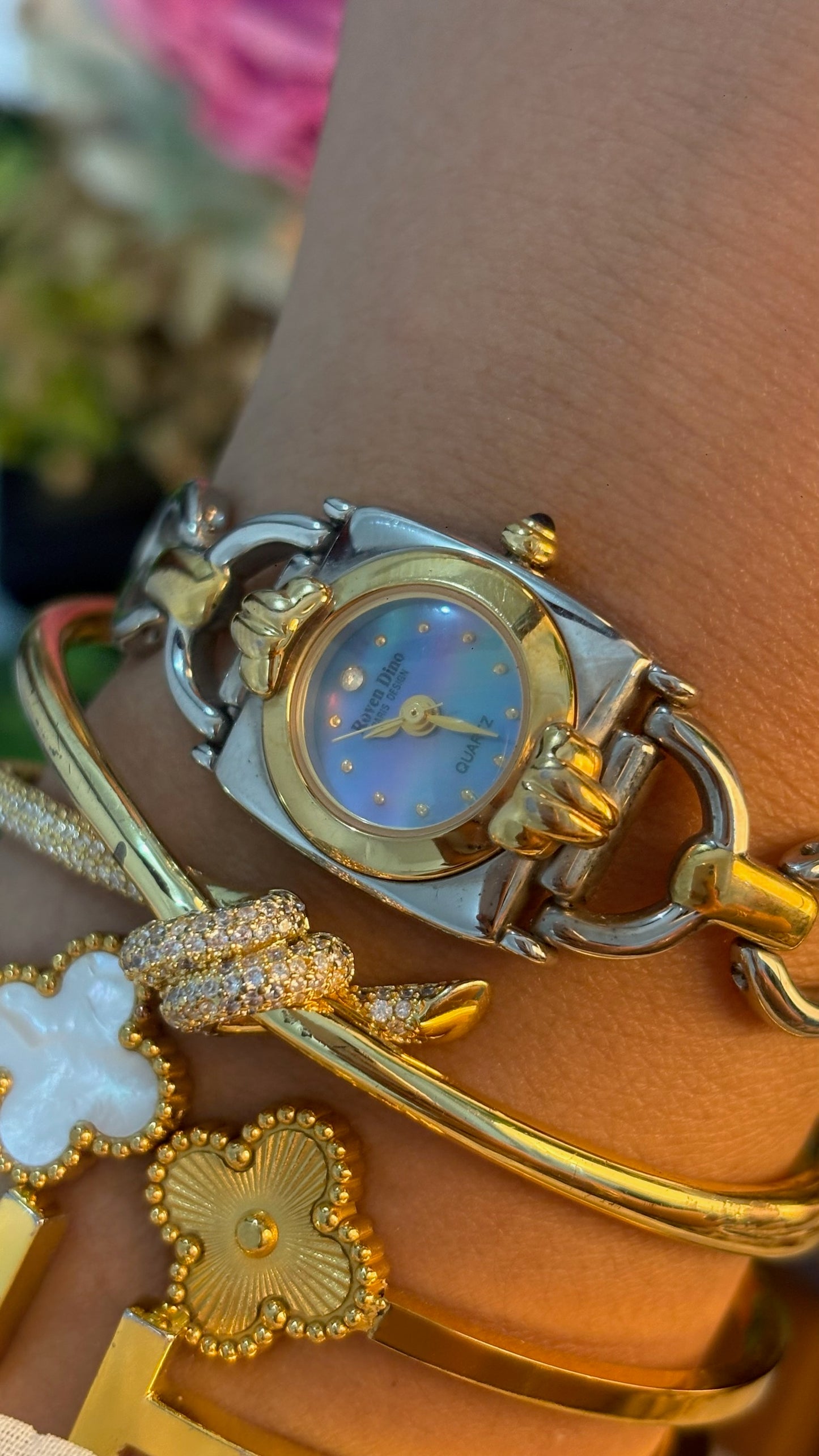 Rare Dainty Elegant Vintage Roven Dino Iridescent Mother of Pearl Dial Bracelet Watch in Two-Tone Quartz