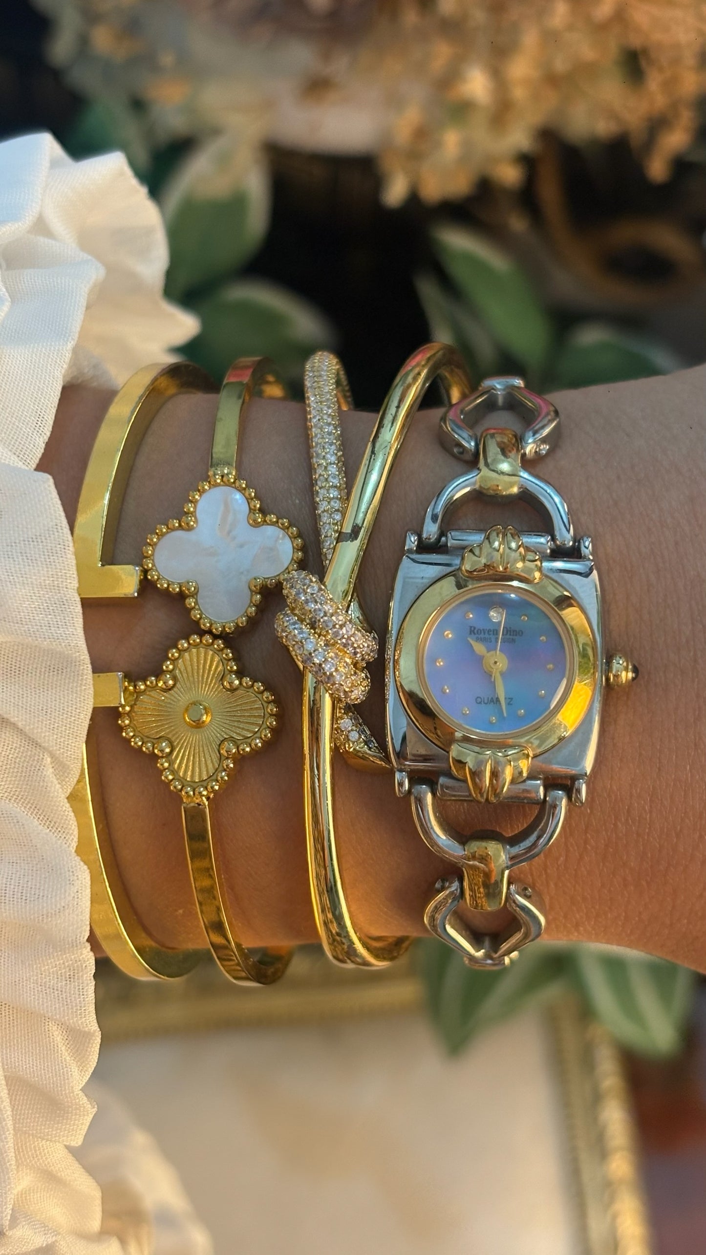 Rare Dainty Elegant Vintage Roven Dino Iridescent Mother of Pearl Dial Bracelet Watch in Two-Tone Quartz