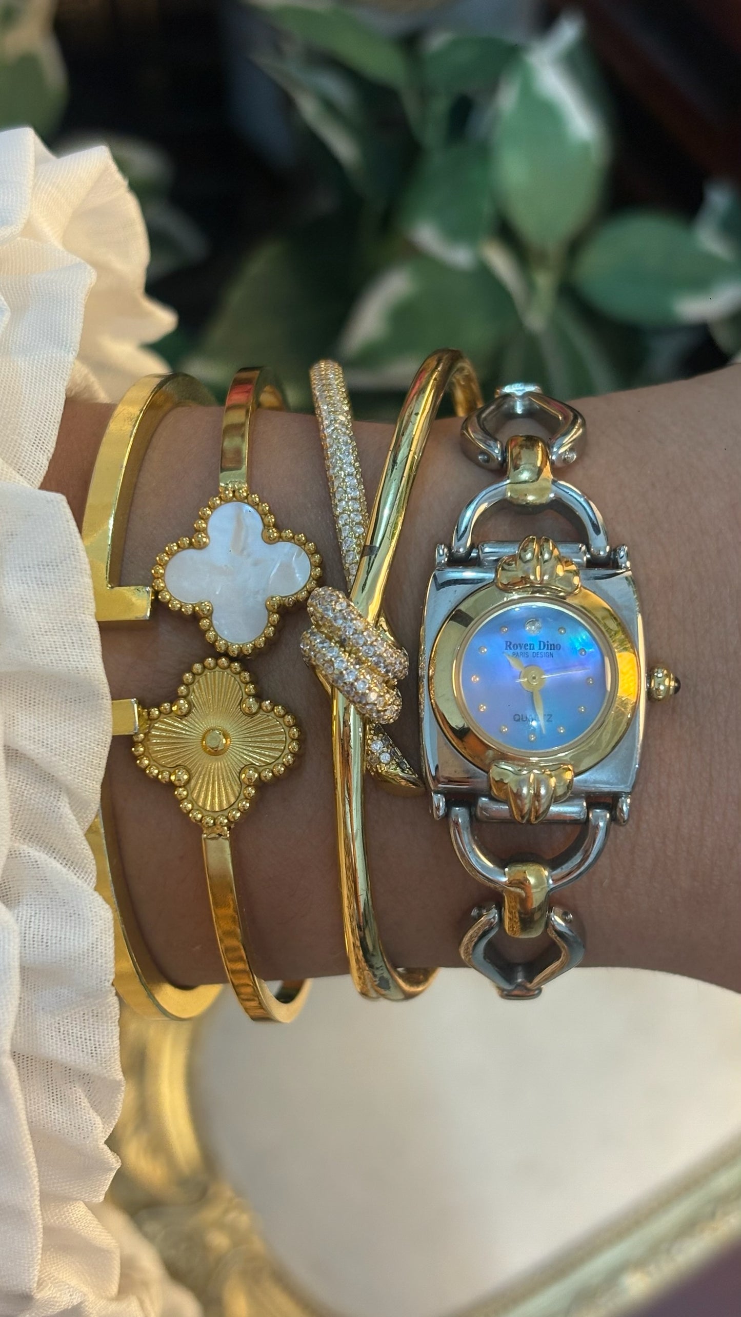 Rare Dainty Elegant Vintage Roven Dino Iridescent Mother of Pearl Dial Bracelet Watch in Two-Tone Quartz