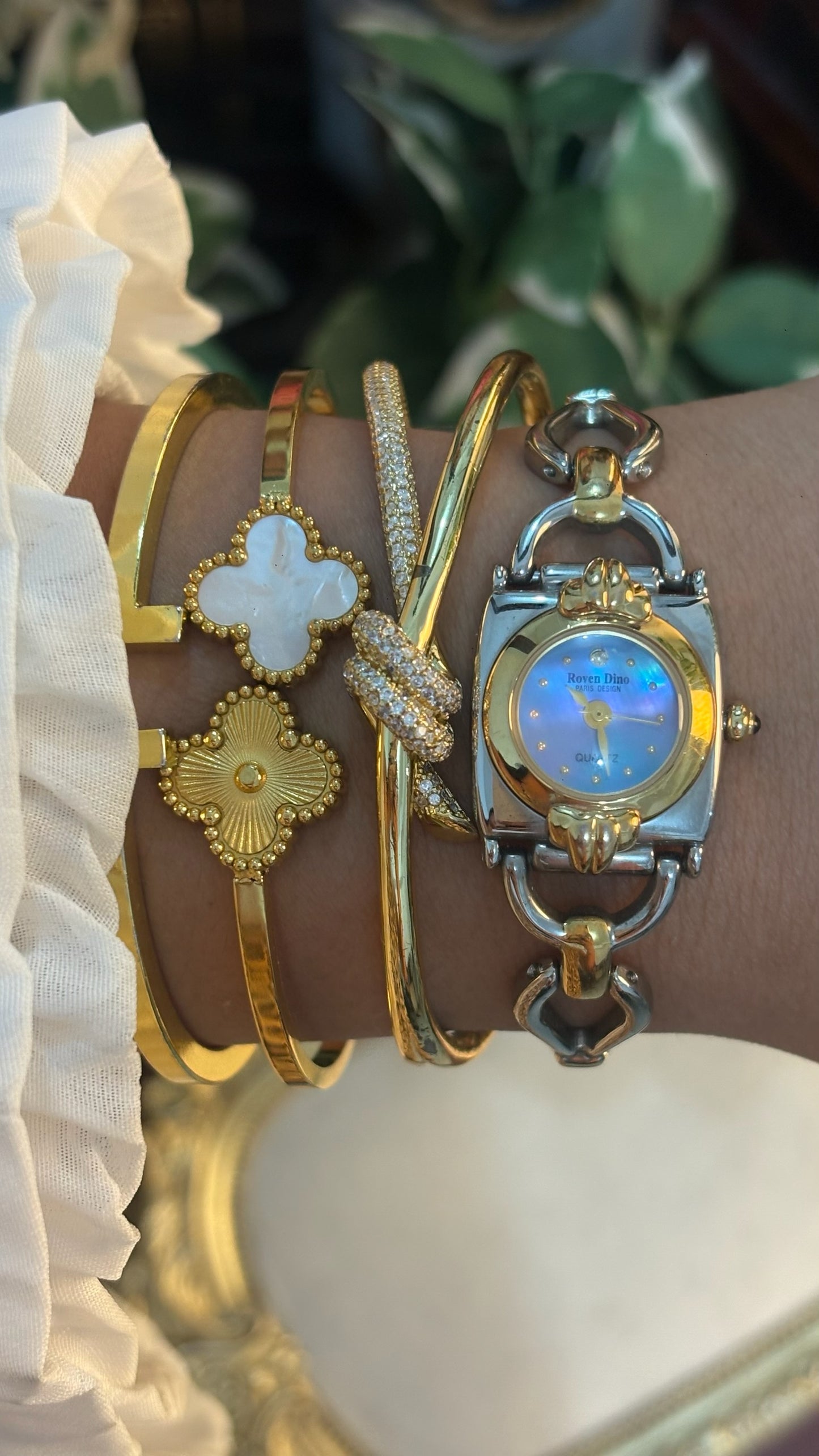 Rare Dainty Elegant Vintage Roven Dino Iridescent Mother of Pearl Dial Bracelet Watch in Two-Tone Quartz