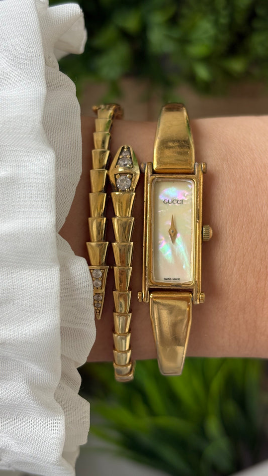 Rare Vintage Gucci Swiss 1500L Bangle Watch in Gold Tone Mother of Pearl Dial Quartz #00625