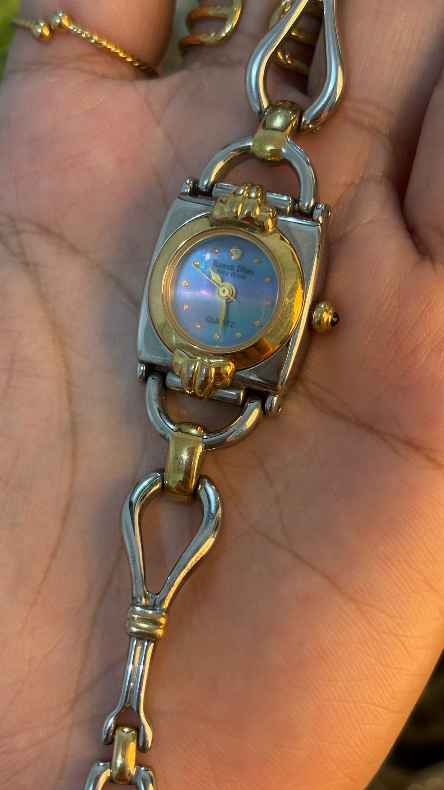 Rare Dainty Elegant Vintage Roven Dino Iridescent Mother of Pearl Dial Bracelet Watch in Two-Tone Quartz