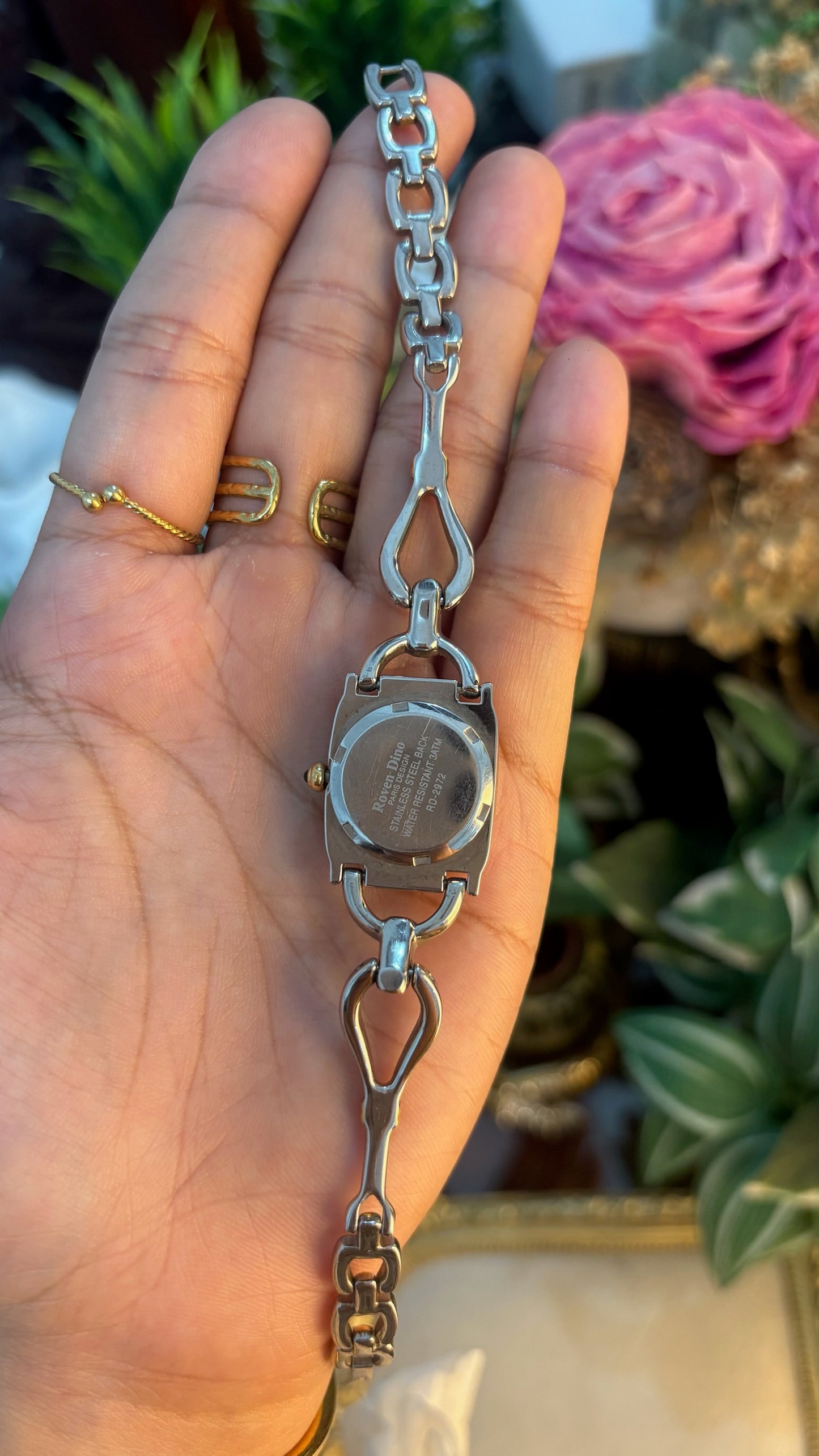 Rare Dainty Elegant Vintage Roven Dino Iridescent Mother of Pearl Dial Bracelet Watch in Two-Tone Quartz