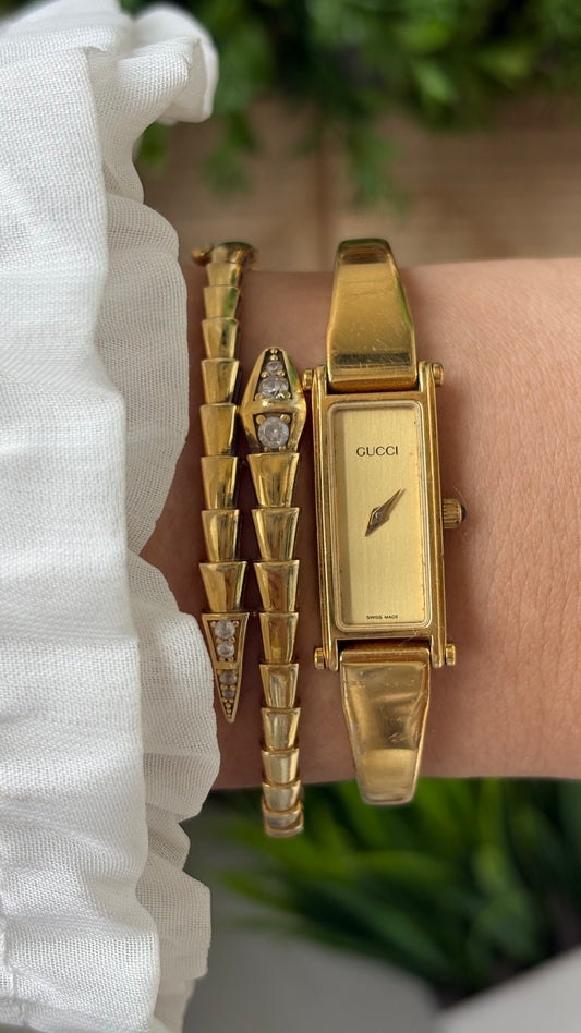 Vintage Gucci Swiss 1500L Bangle Watch in Gold Tone Gold Dial Quartz #00619