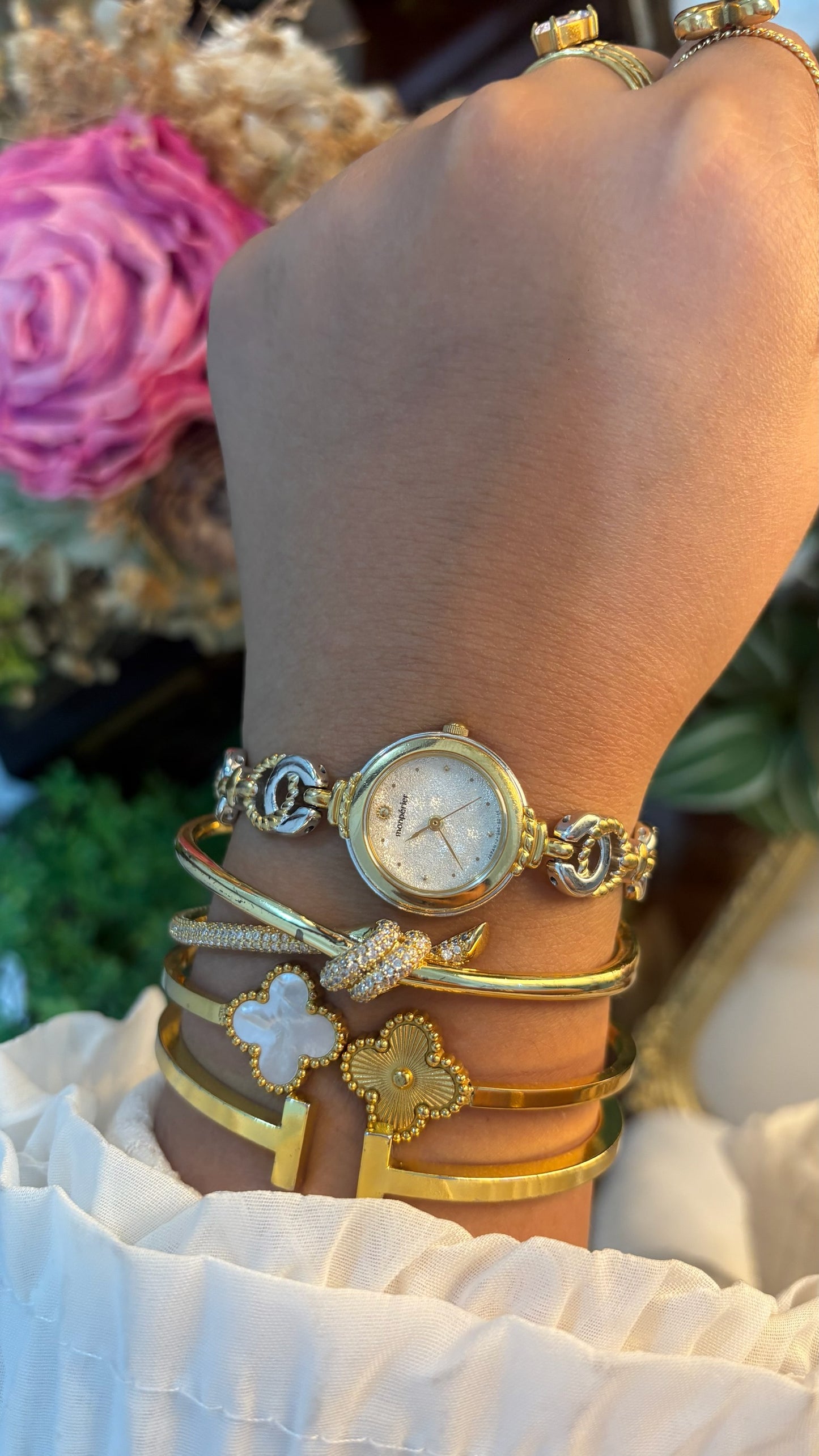 Rare Vintage Monperier Bracelet Watch in Two-Tone Textured Dial Quartz