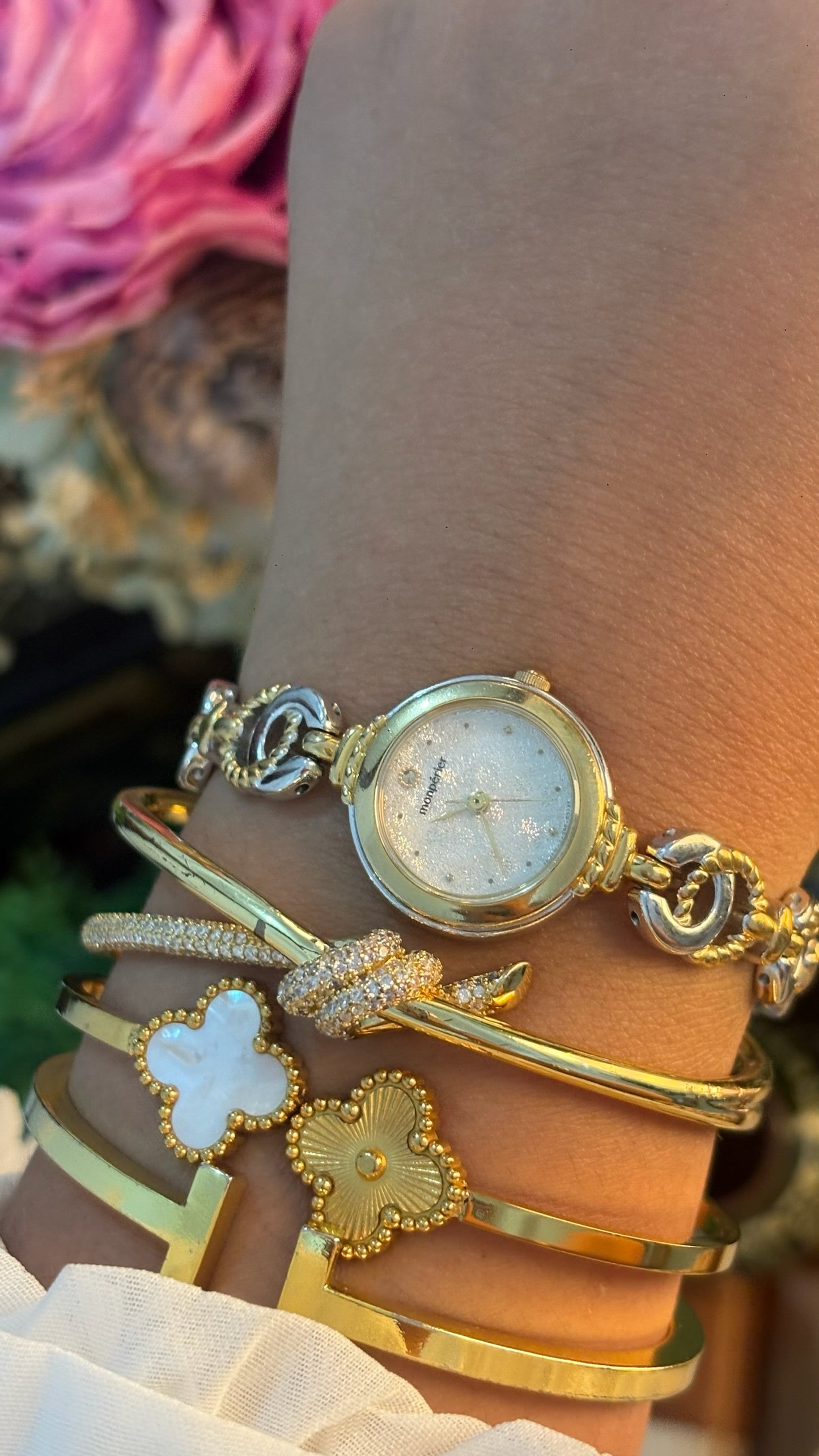 Rare Vintage Monperier Bracelet Watch in Two-Tone Textured Dial Quartz