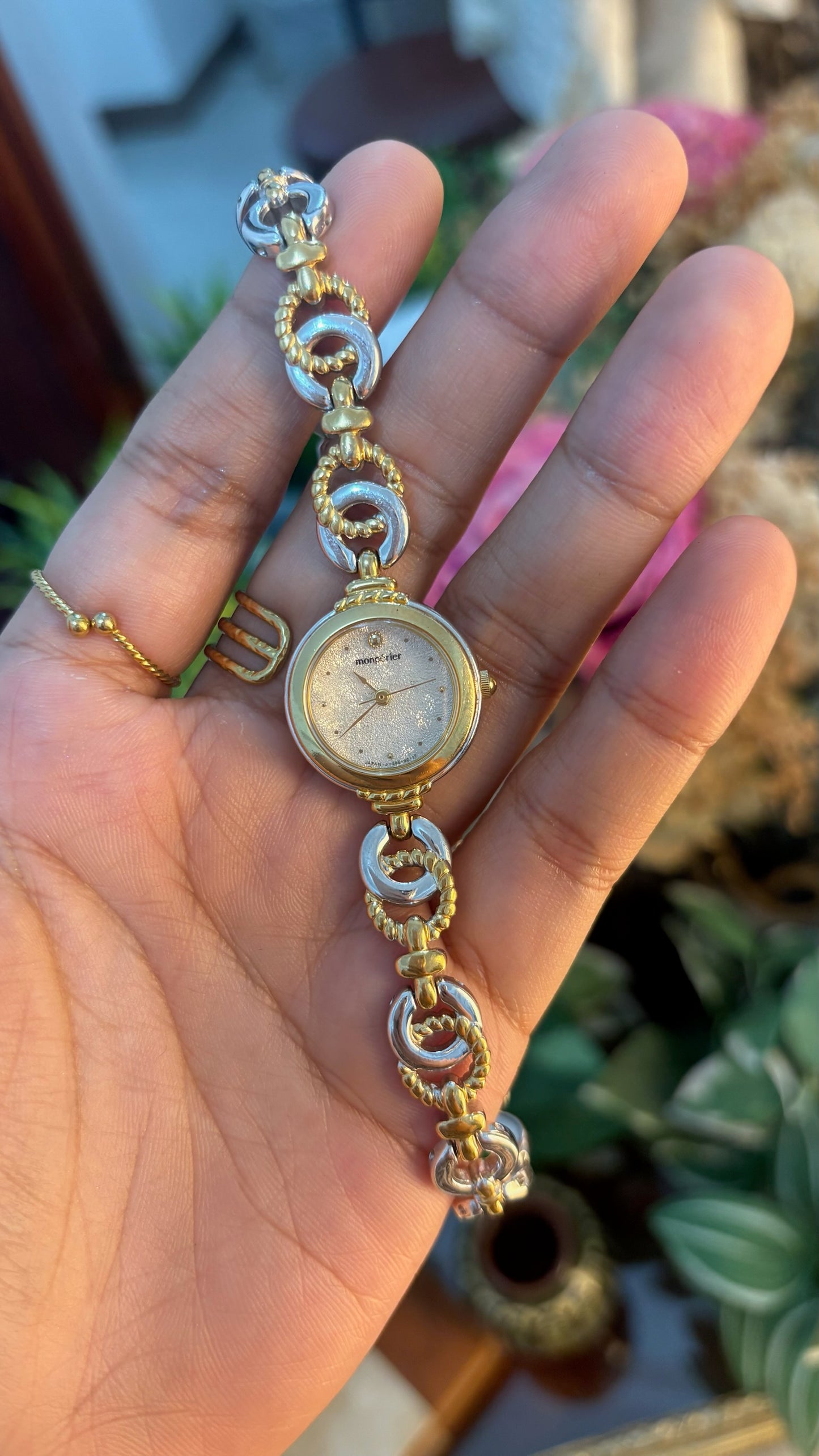 Rare Vintage Monperier Bracelet Watch in Two-Tone Textured Dial Quartz