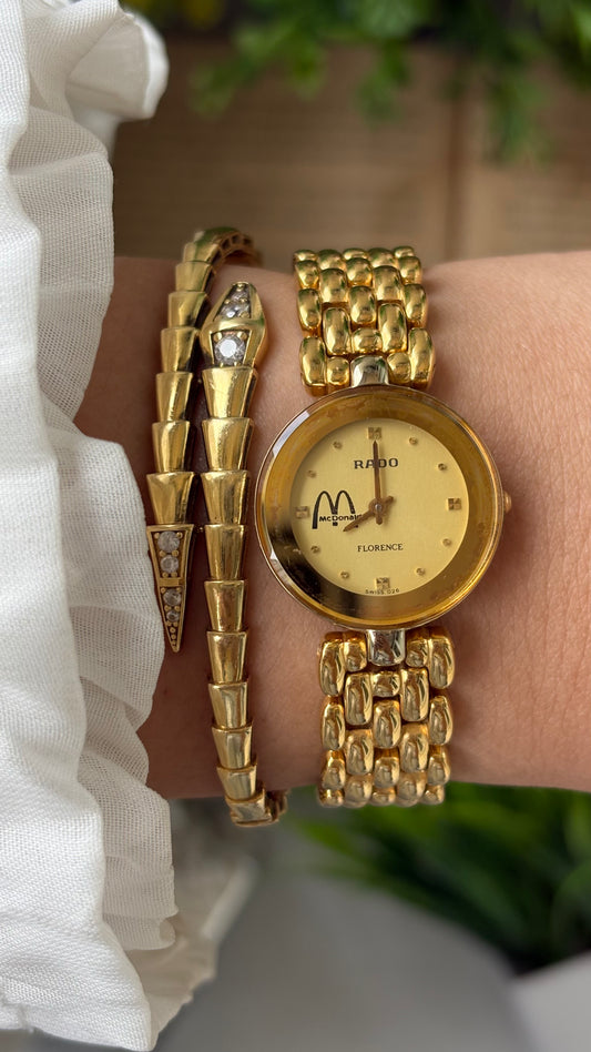 Rare Vintage Dainty RADO Florence Swiss Mcdonalds Edition Gold Mirror Bezel Watch in Gold Tone Quartz