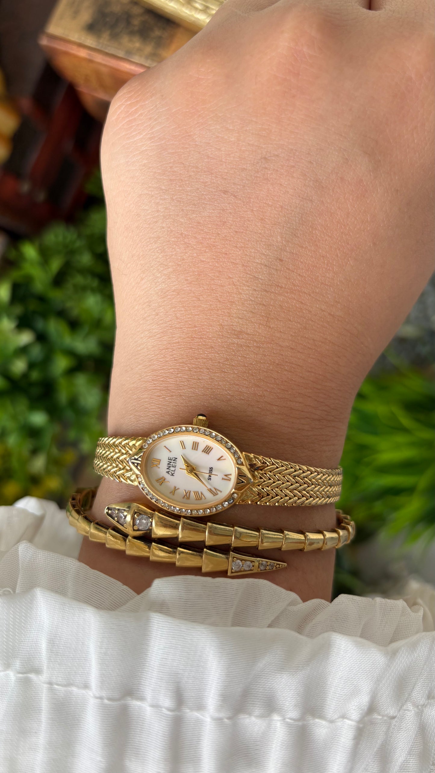 Rare Dainty Vintage Anne Klein Swiss Rhinestone Bezel Dress Watch in Gold Tone Mother of Pearl Oval Dial Quartz #00622