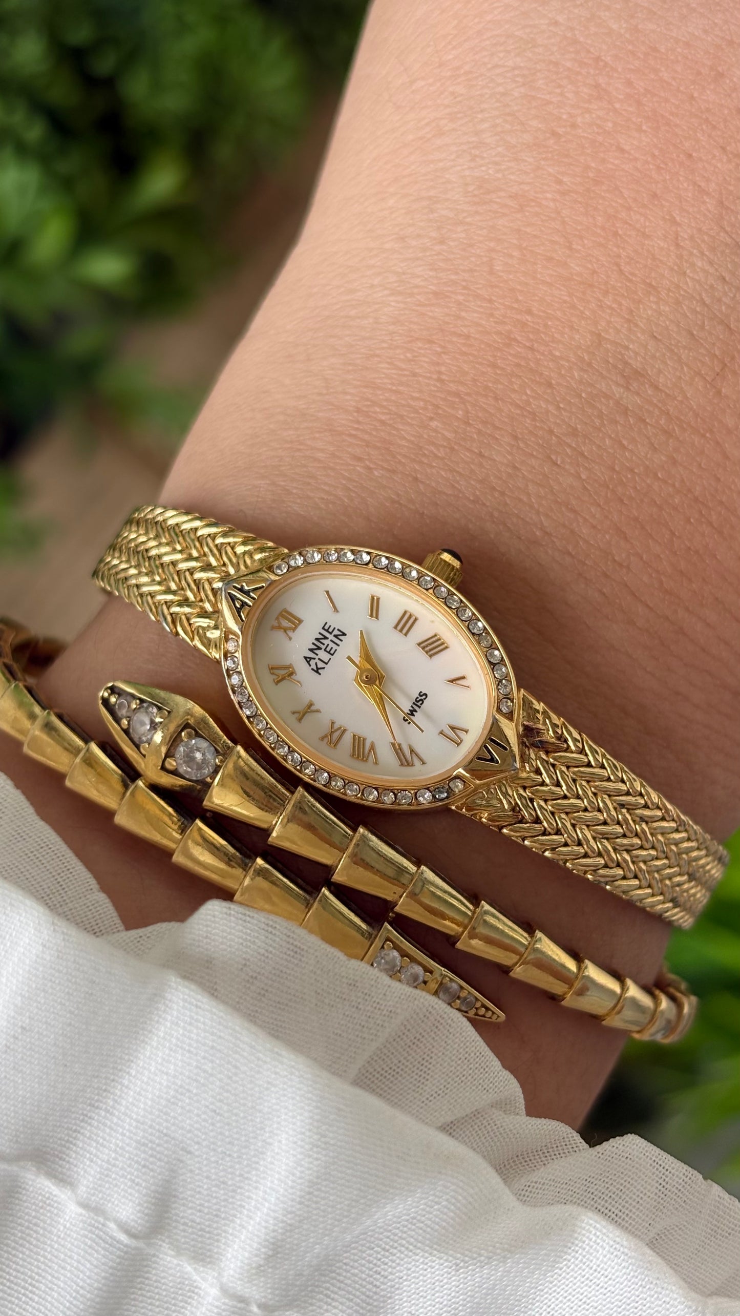 Rare Dainty Vintage Anne Klein Swiss Rhinestone Bezel Dress Watch in Gold Tone Mother of Pearl Oval Dial Quartz #00622