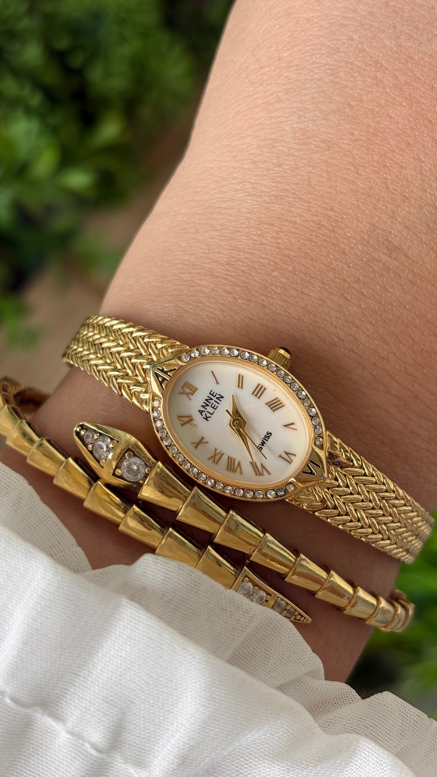 Rare Dainty Vintage Anne Klein Swiss Rhinestone Bezel Dress Watch in Gold Tone Mother of Pearl Oval Dial Quartz #00622