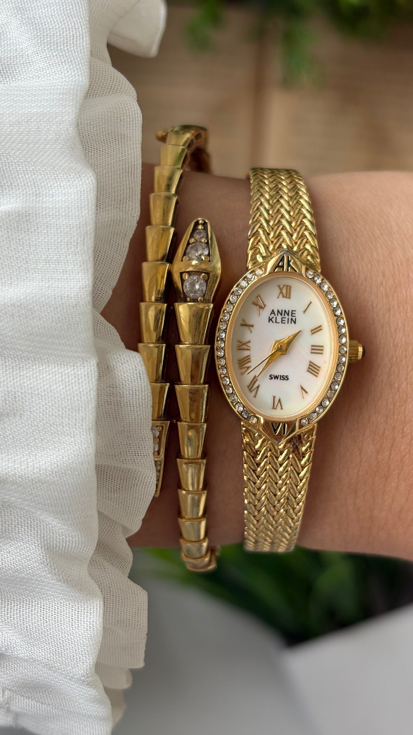 Rare Dainty Vintage Anne Klein Swiss Rhinestone Bezel Dress Watch in Gold Tone Mother of Pearl Oval Dial Quartz #00622