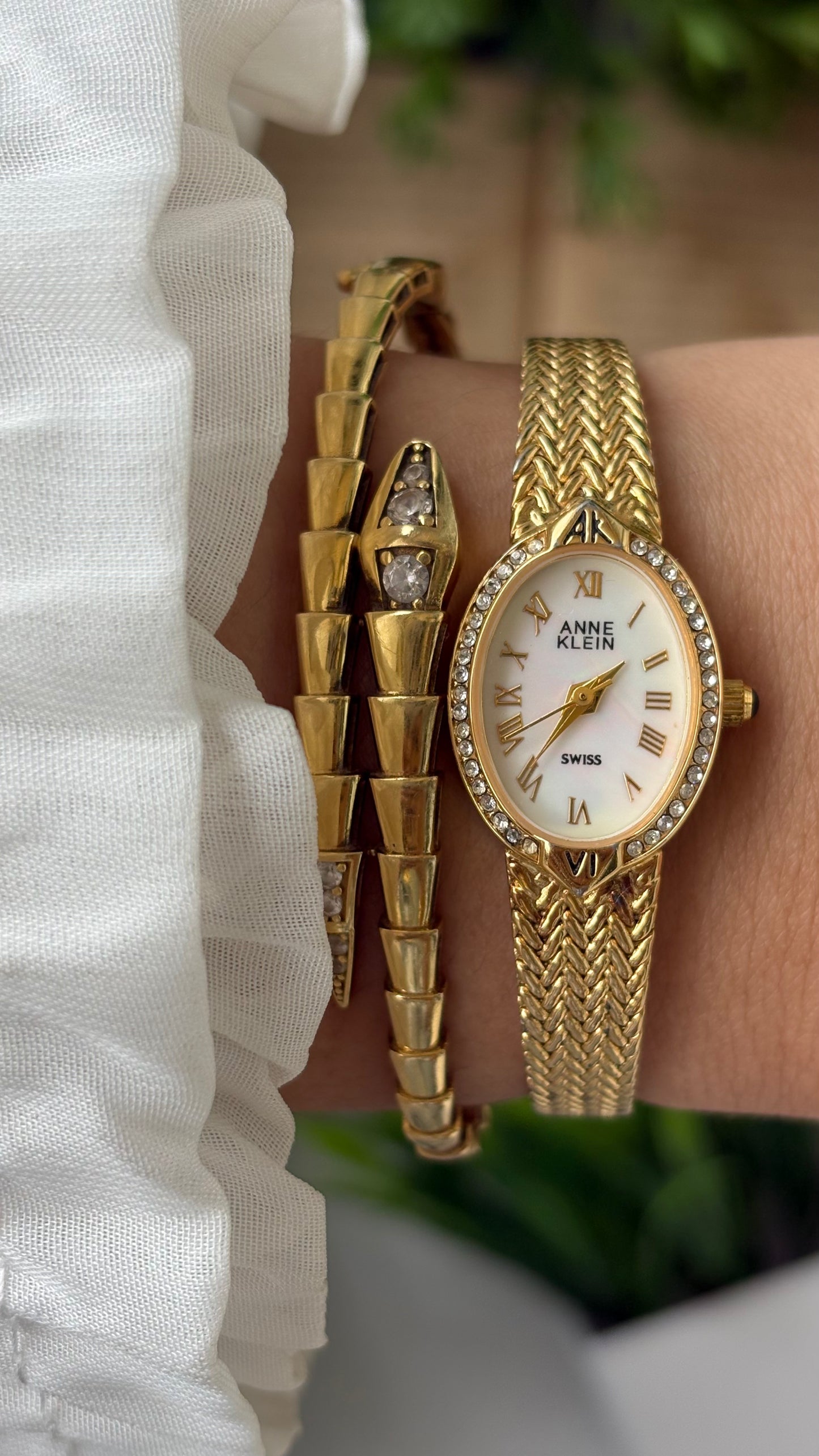 Rare Dainty Vintage Anne Klein Swiss Rhinestone Bezel Dress Watch in Gold Tone Mother of Pearl Oval Dial Quartz #00622