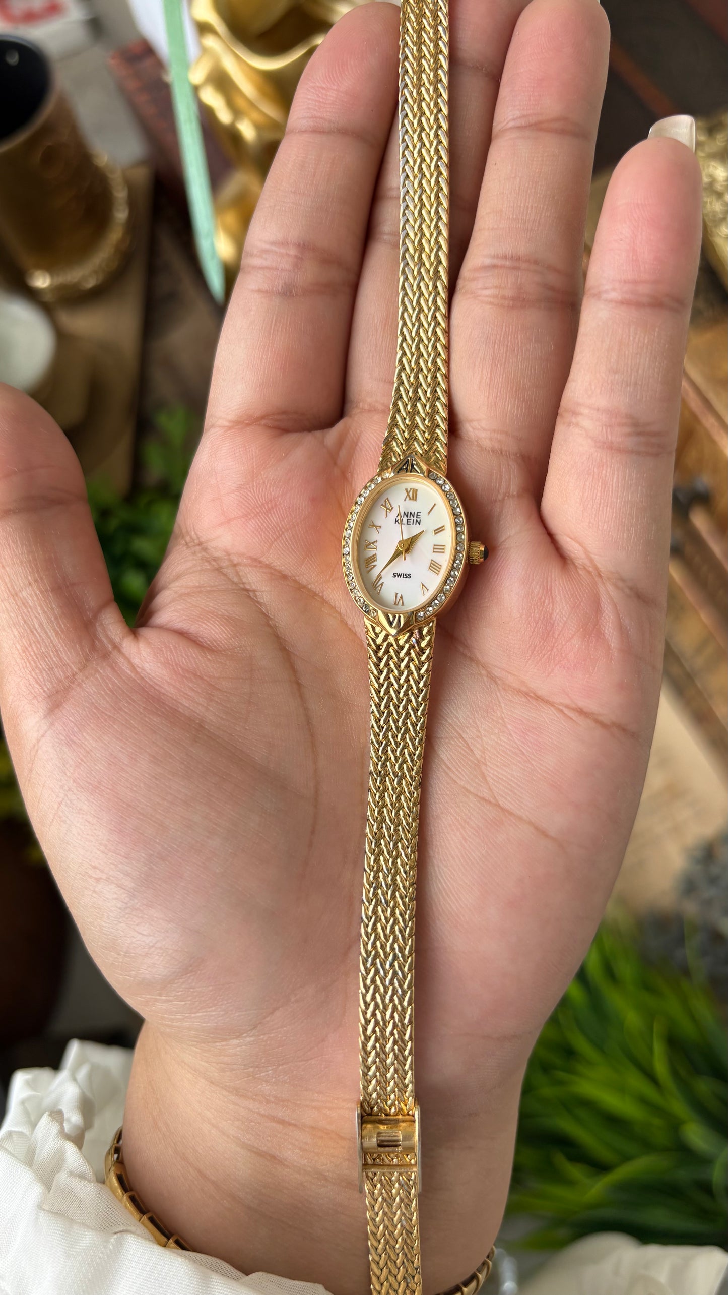 Rare Dainty Vintage Anne Klein Swiss Rhinestone Bezel Dress Watch in Gold Tone Mother of Pearl Oval Dial Quartz #00622