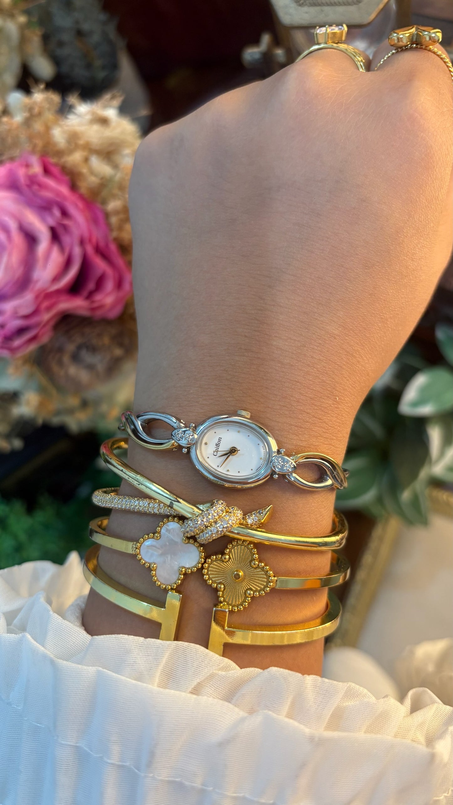 Rare Vintage Chiffon by Orient Seiko Oval Dial Twisted Semi-Bangle Watch in Two-Tone Quartz