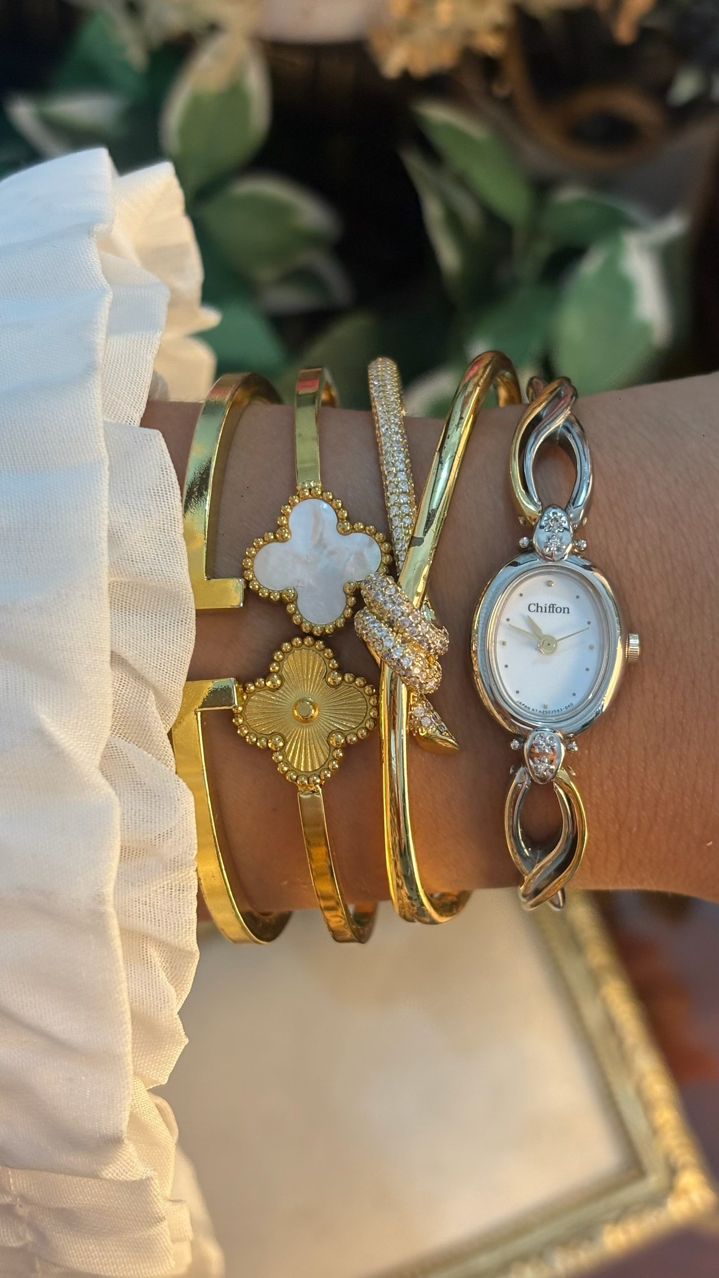 Rare Vintage Chiffon by Orient Seiko Oval Dial Twisted Semi-Bangle Watch in Two-Tone Quartz