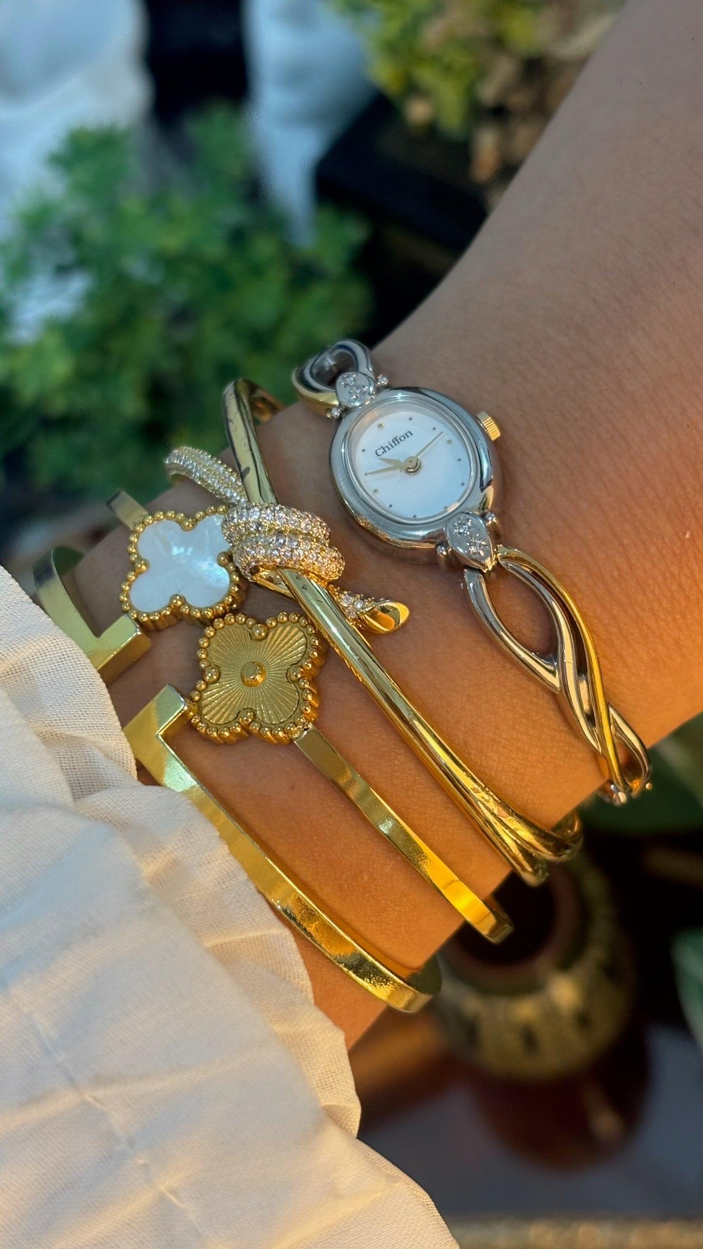 Rare Vintage Chiffon by Orient Seiko Oval Dial Twisted Semi-Bangle Watch in Two-Tone Quartz