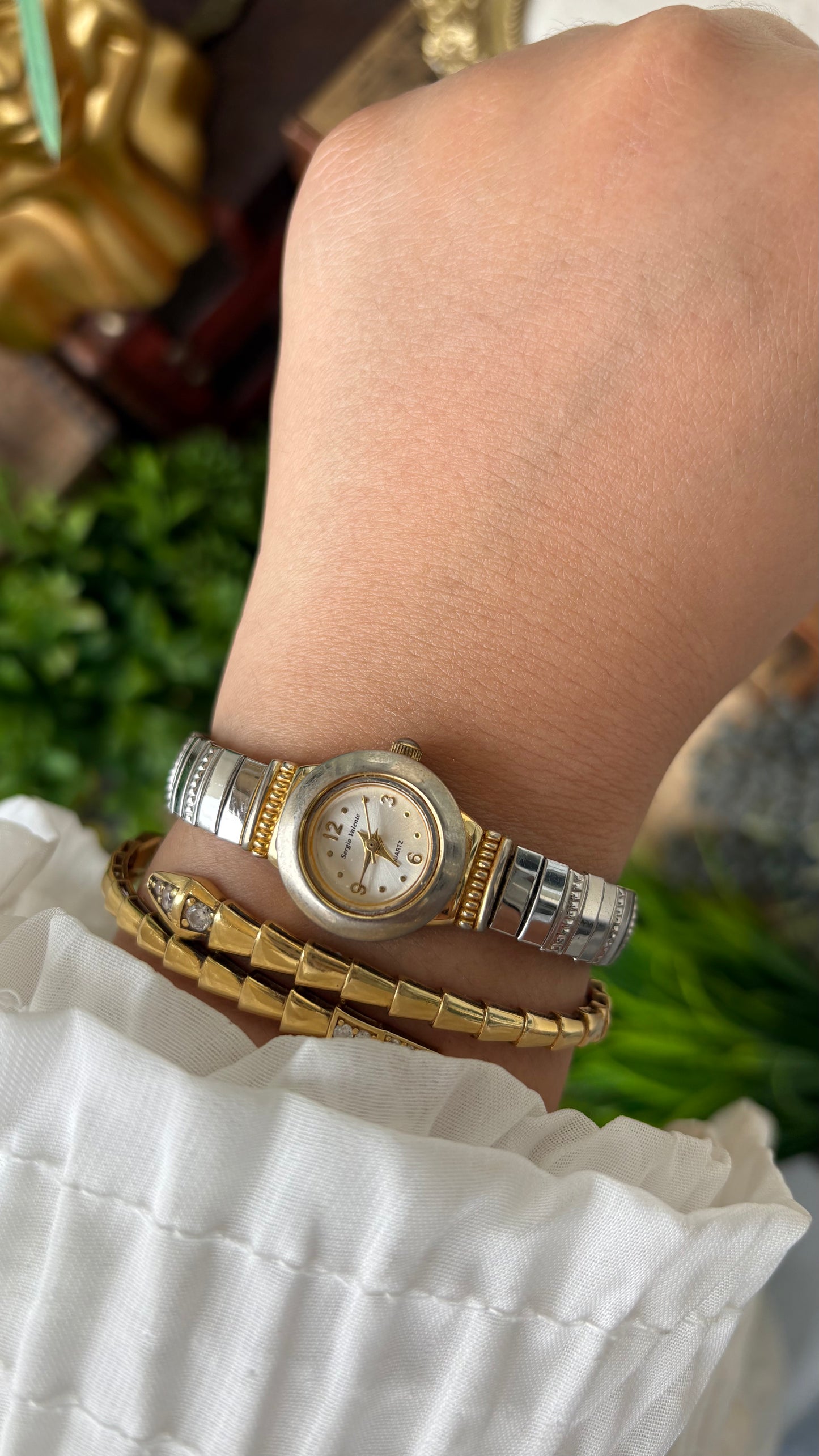 Extremely Rare Dainty Vintage Sergio Valente Interchangeable Bezel Stretchy Band Watch in Two-Tone Quartz #00633