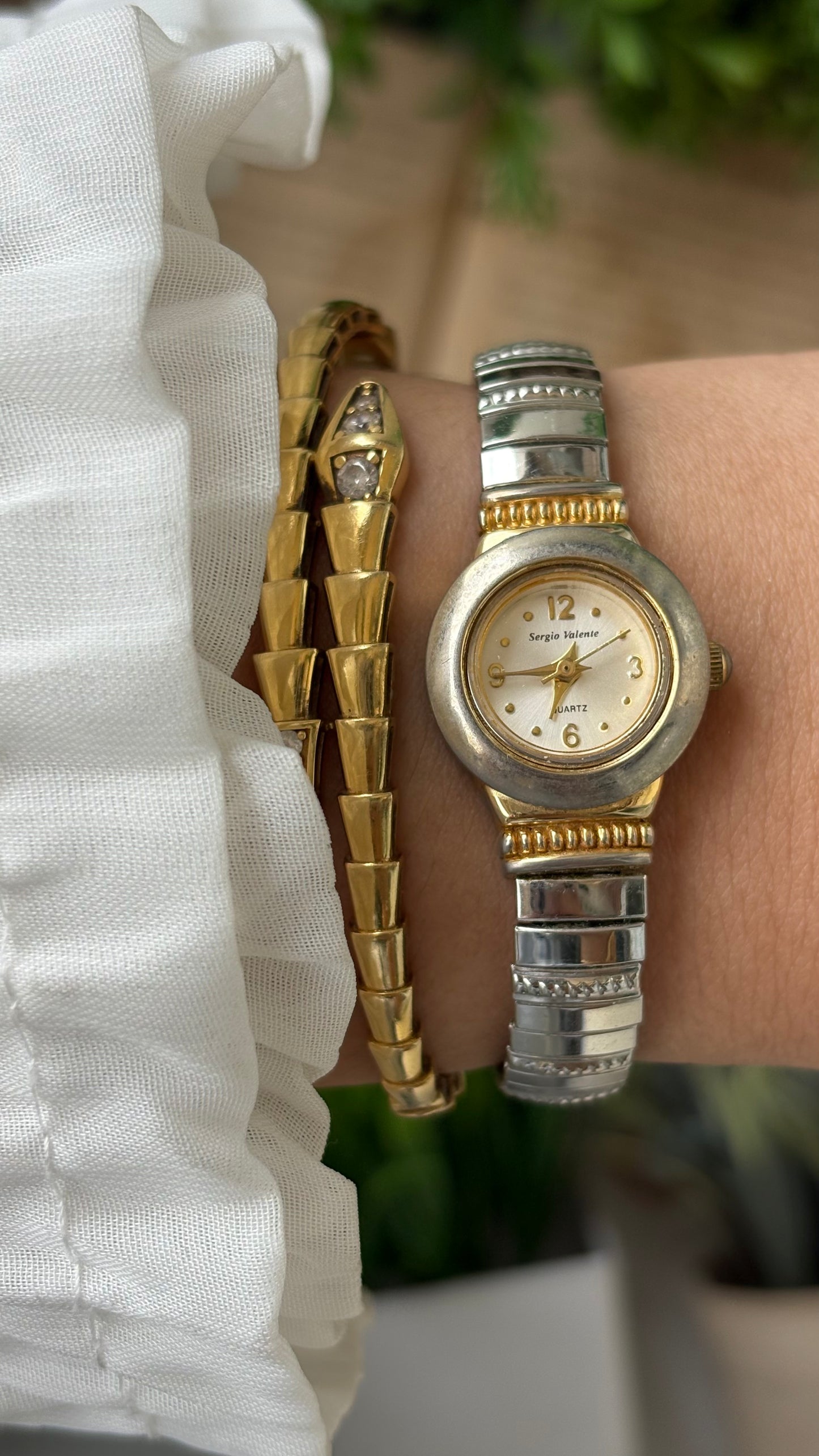 Extremely Rare Dainty Vintage Sergio Valente Interchangeable Bezel Stretchy Band Watch in Two-Tone Quartz #00633