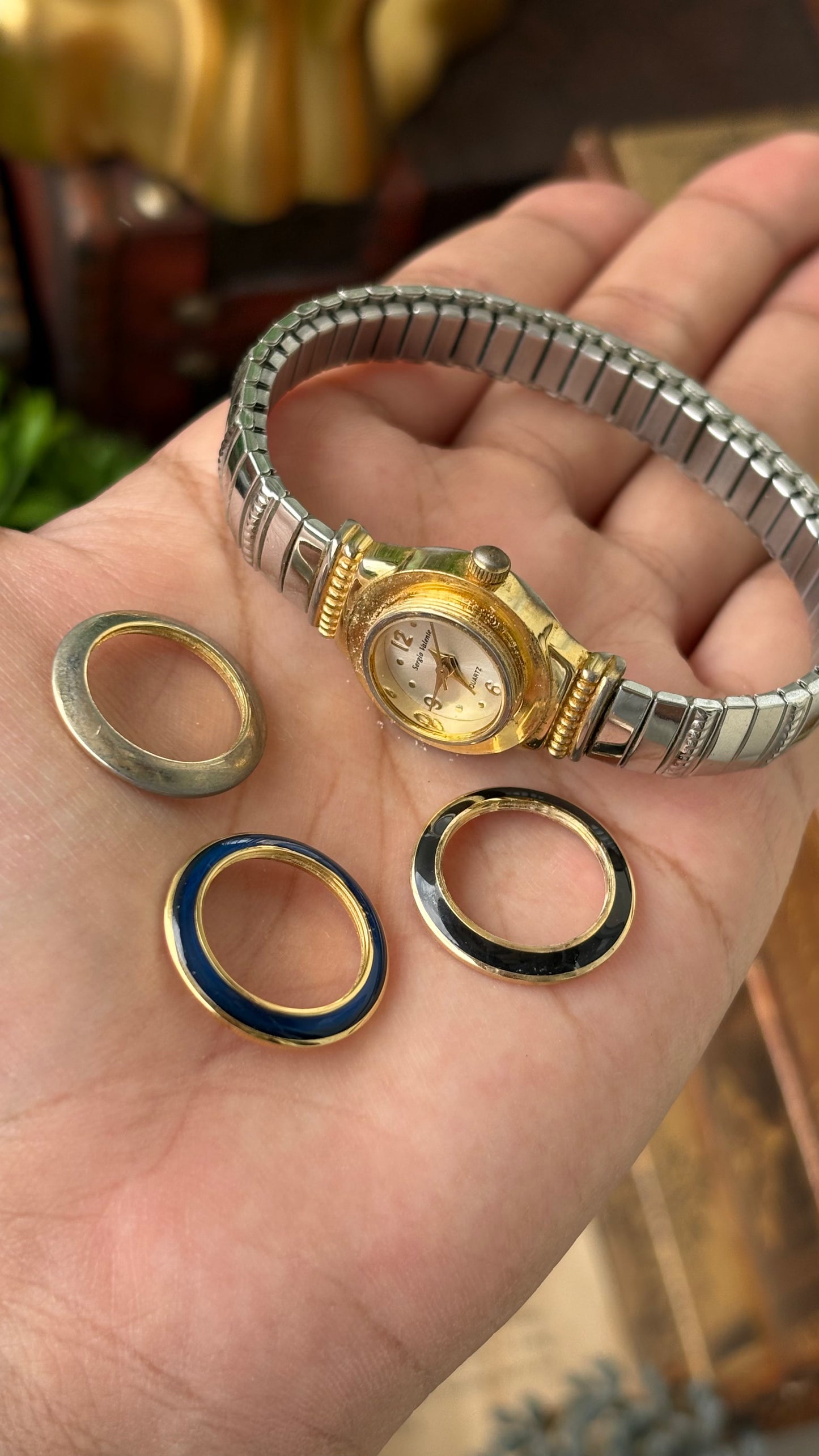 Extremely Rare Dainty Vintage Sergio Valente Interchangeable Bezel Stretchy Band Watch in Two-Tone Quartz #00633