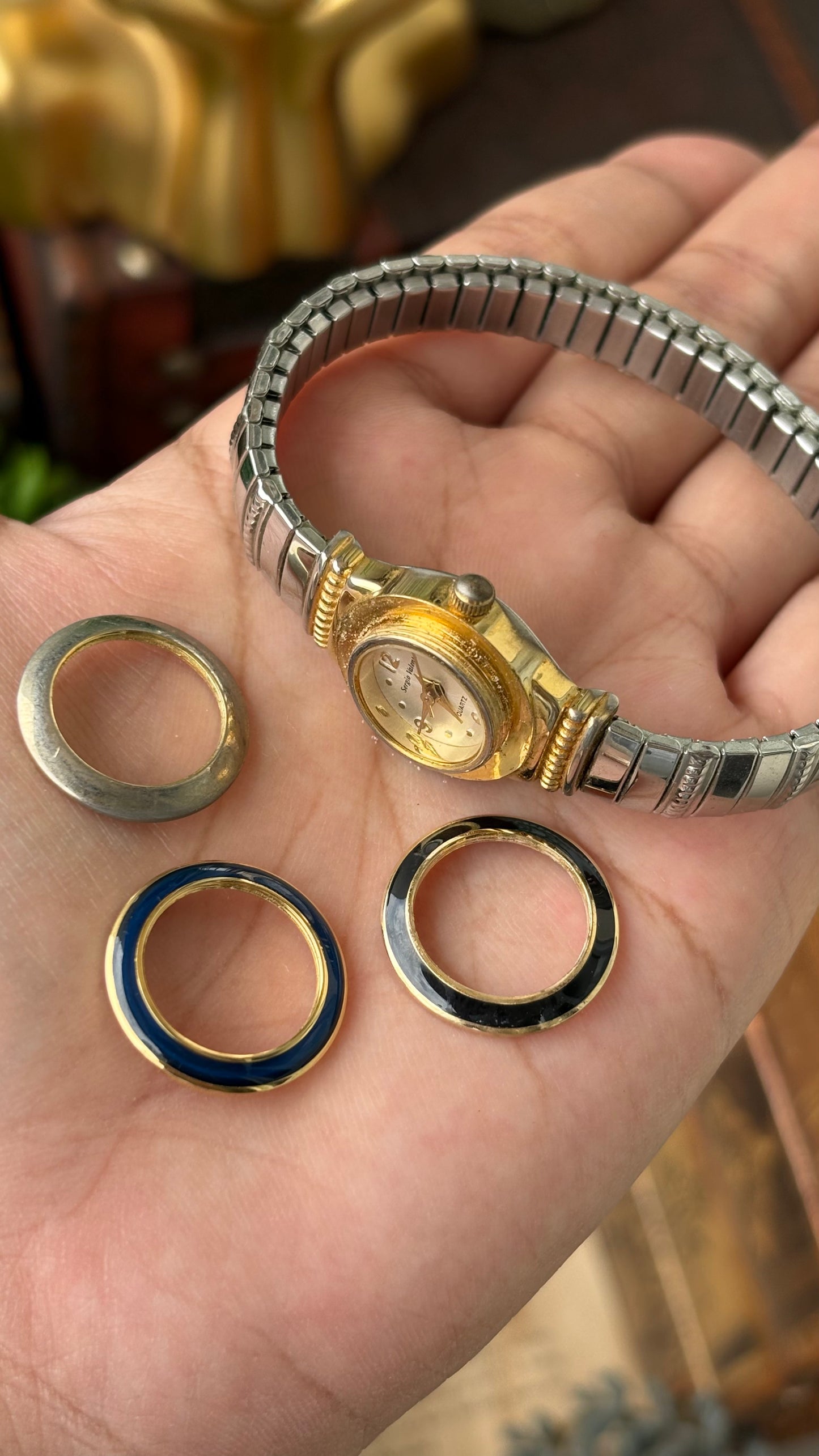 Extremely Rare Dainty Vintage Sergio Valente Interchangeable Bezel Stretchy Band Watch in Two-Tone Quartz #00633