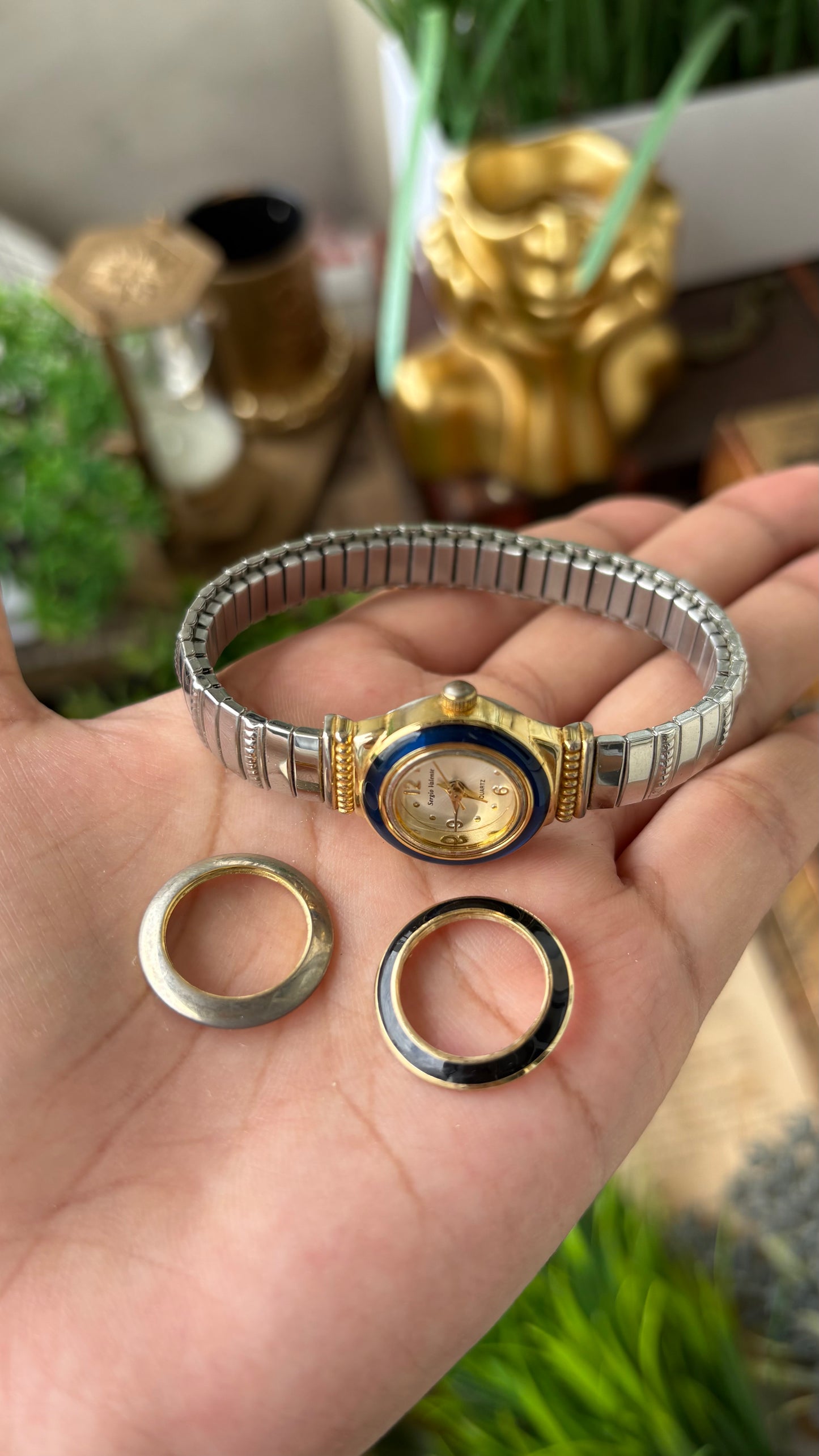 Extremely Rare Dainty Vintage Sergio Valente Interchangeable Bezel Stretchy Band Watch in Two-Tone Quartz #00633