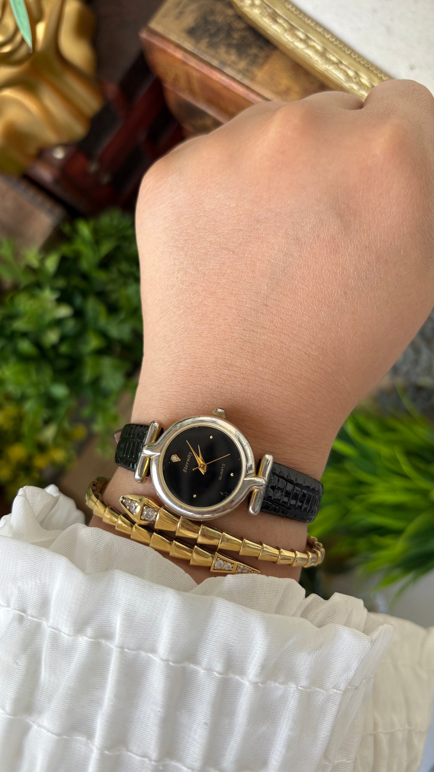 Vintage Eternity Watch in Gold Tone Black Leather Black Diamond Dial Quartz #00618