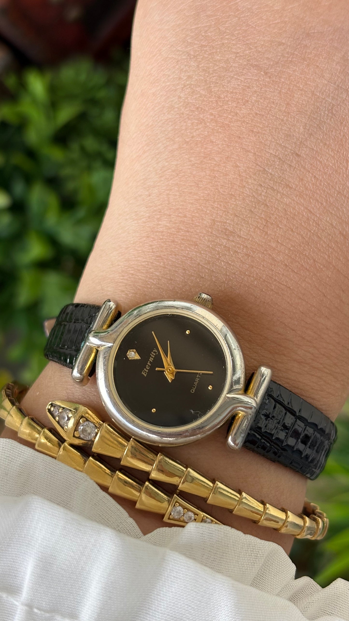 Vintage Eternity Watch in Gold Tone Black Leather Black Diamond Dial Quartz #00618