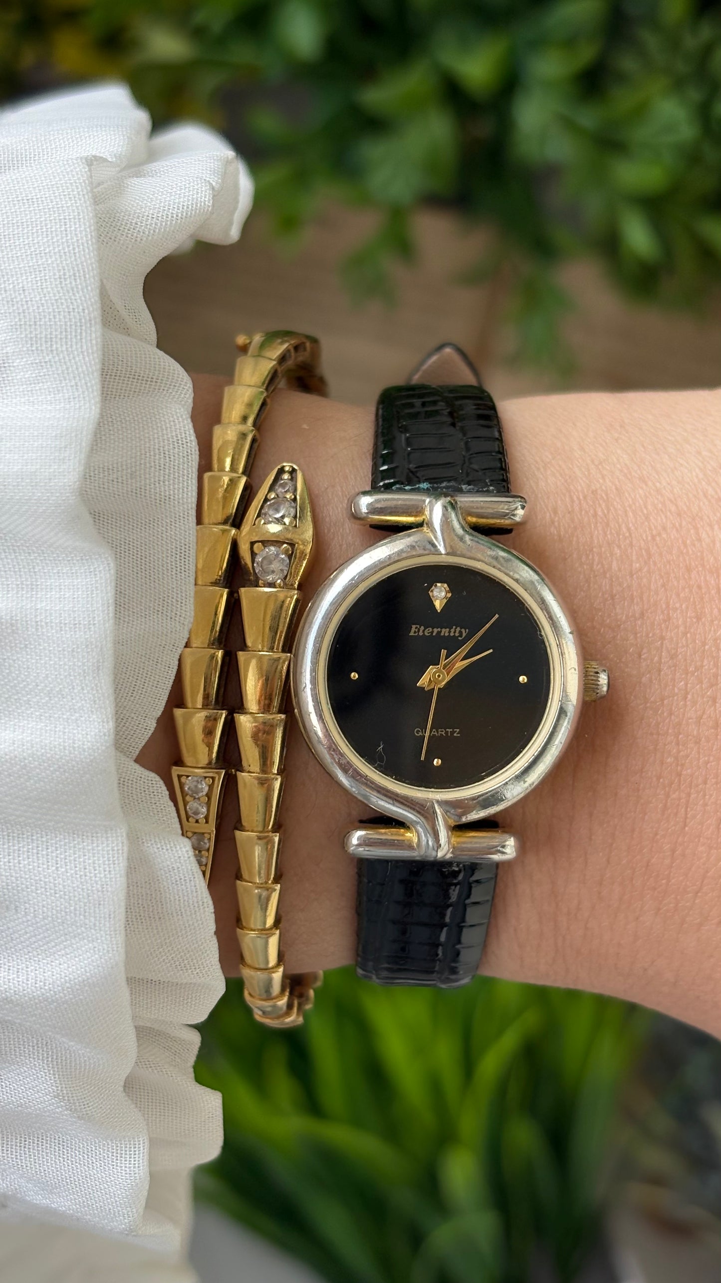 Vintage Eternity Watch in Gold Tone Black Leather Black Diamond Dial Quartz #00618