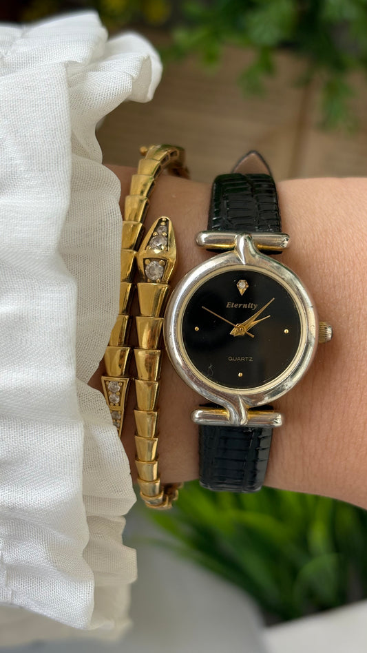 Vintage Eternity Watch in Gold Tone Black Leather Black Diamond Dial Quartz #00618