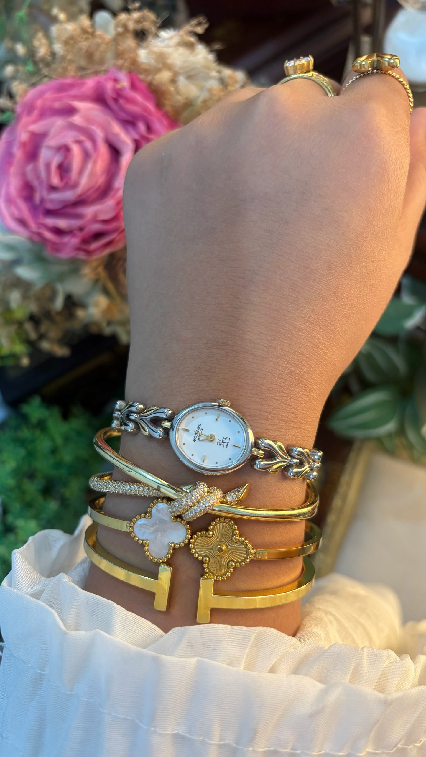 Dainty Vintage Ascott Park Polo Club Heart Link Bracelet Watch in Two-Tone Quartz