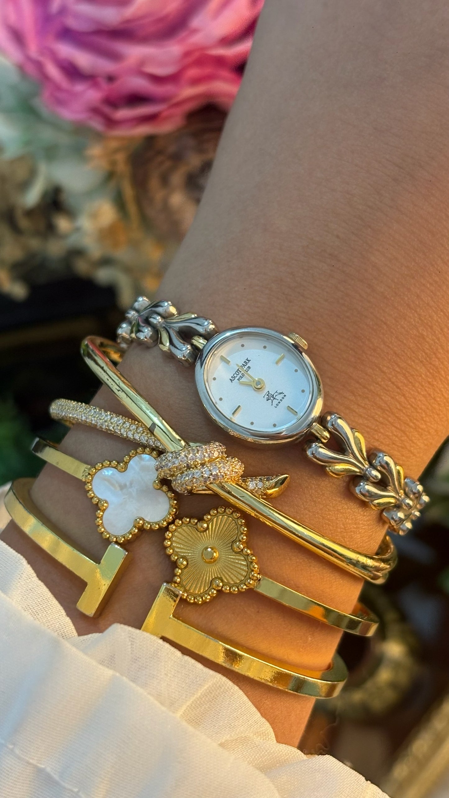 Dainty Vintage Ascott Park Polo Club Heart Link Bracelet Watch in Two-Tone Quartz