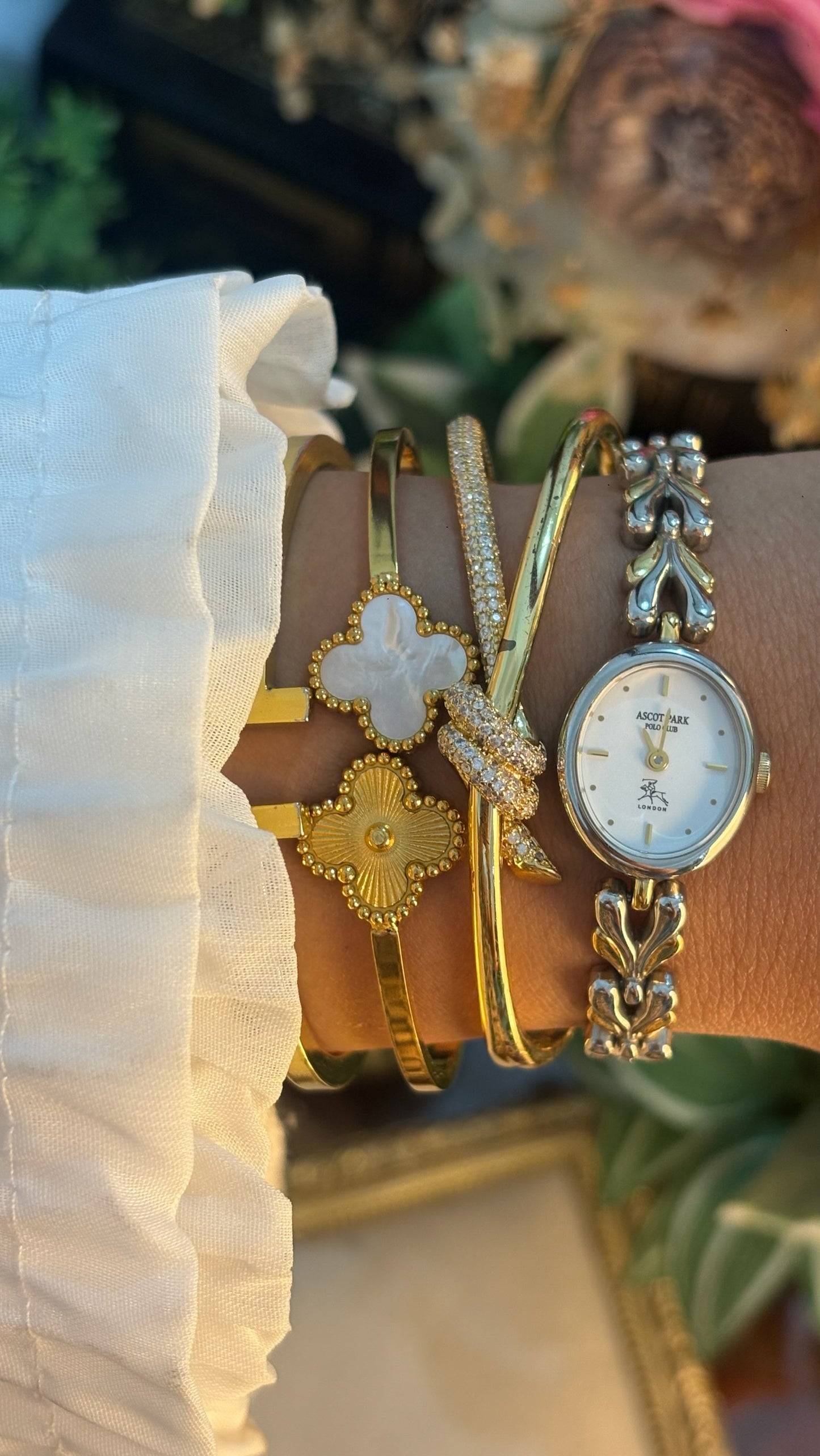 Dainty Vintage Ascott Park Polo Club Heart Link Bracelet Watch in Two-Tone Quartz