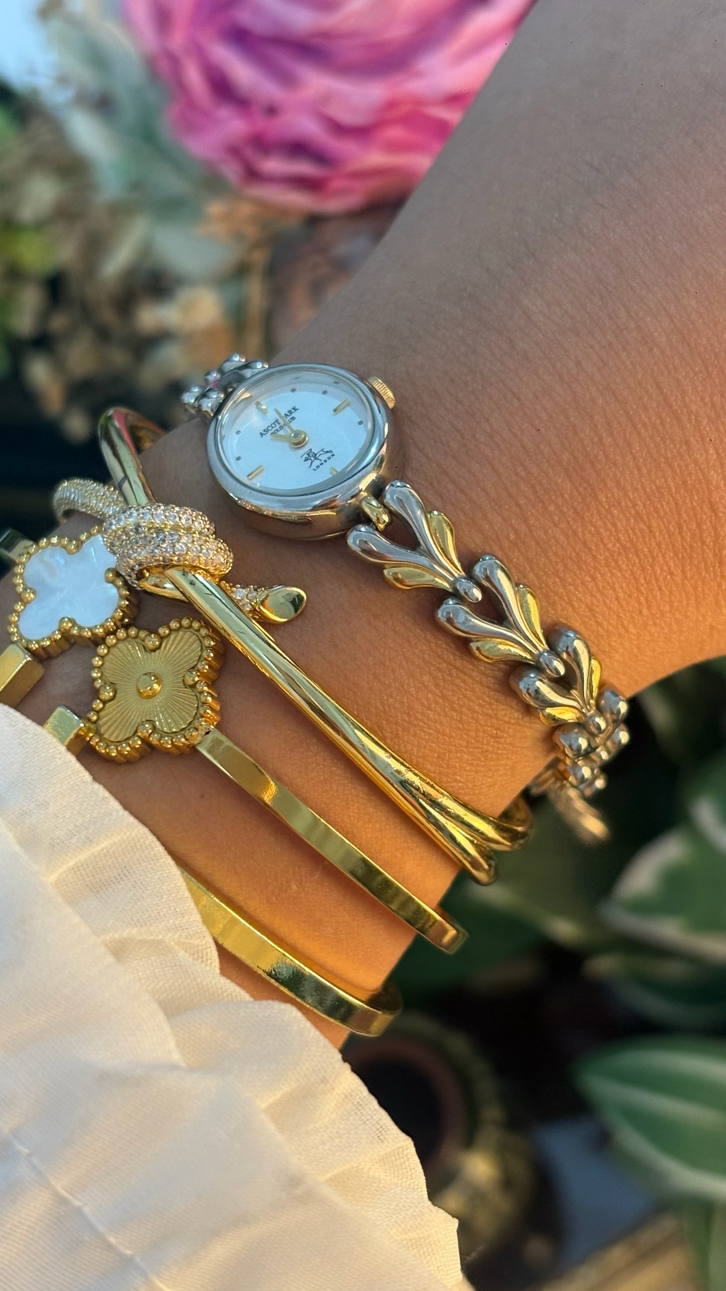 Dainty Vintage Ascott Park Polo Club Heart Link Bracelet Watch in Two-Tone Quartz